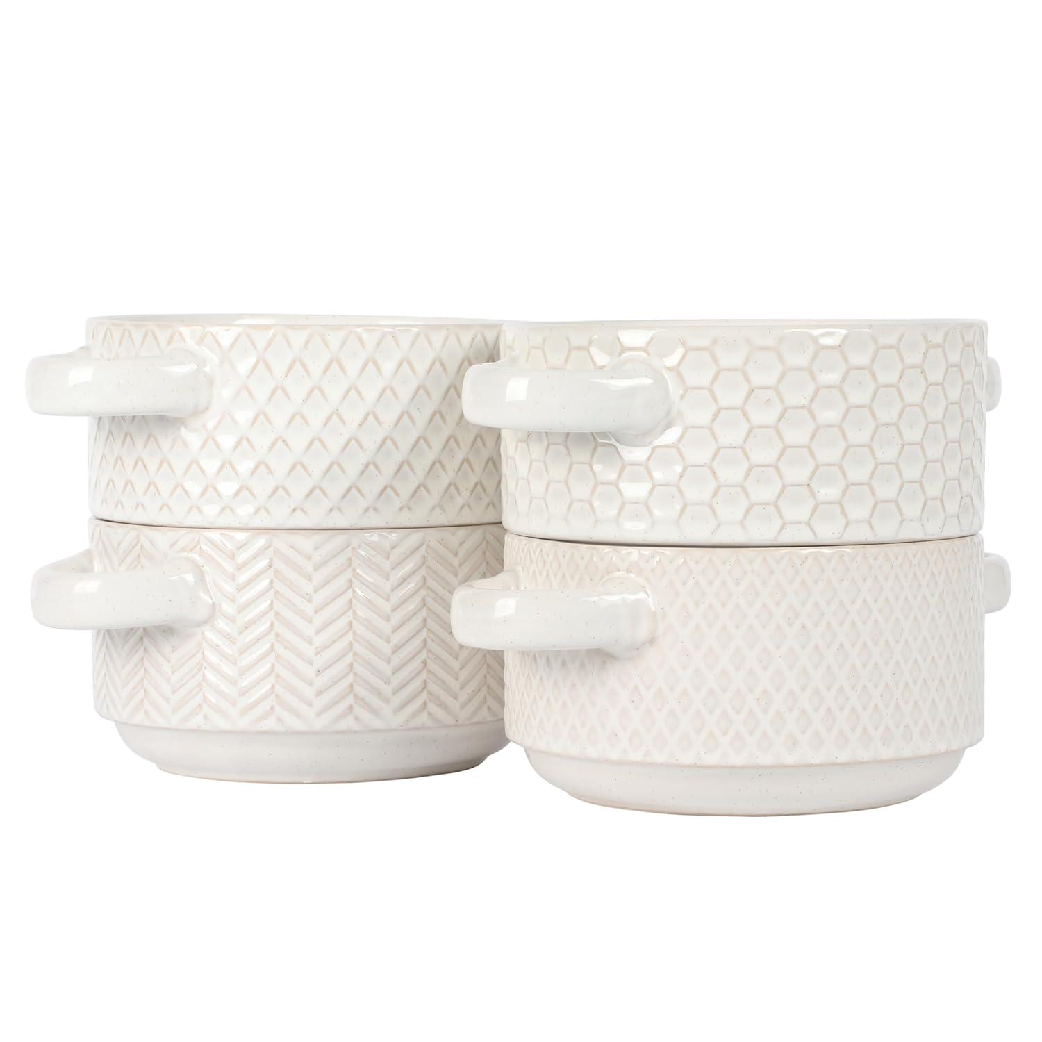 Gibson Elite Gibson Elite Oyster Tide Embossed 6 Inch Soup Bowls with Handles. French Onion Soup Crocks, Stackable Soup Bowl, Chili, Beef Stew Reactive Glaze  Stackable Ceramic Bowl, Set of 4, White