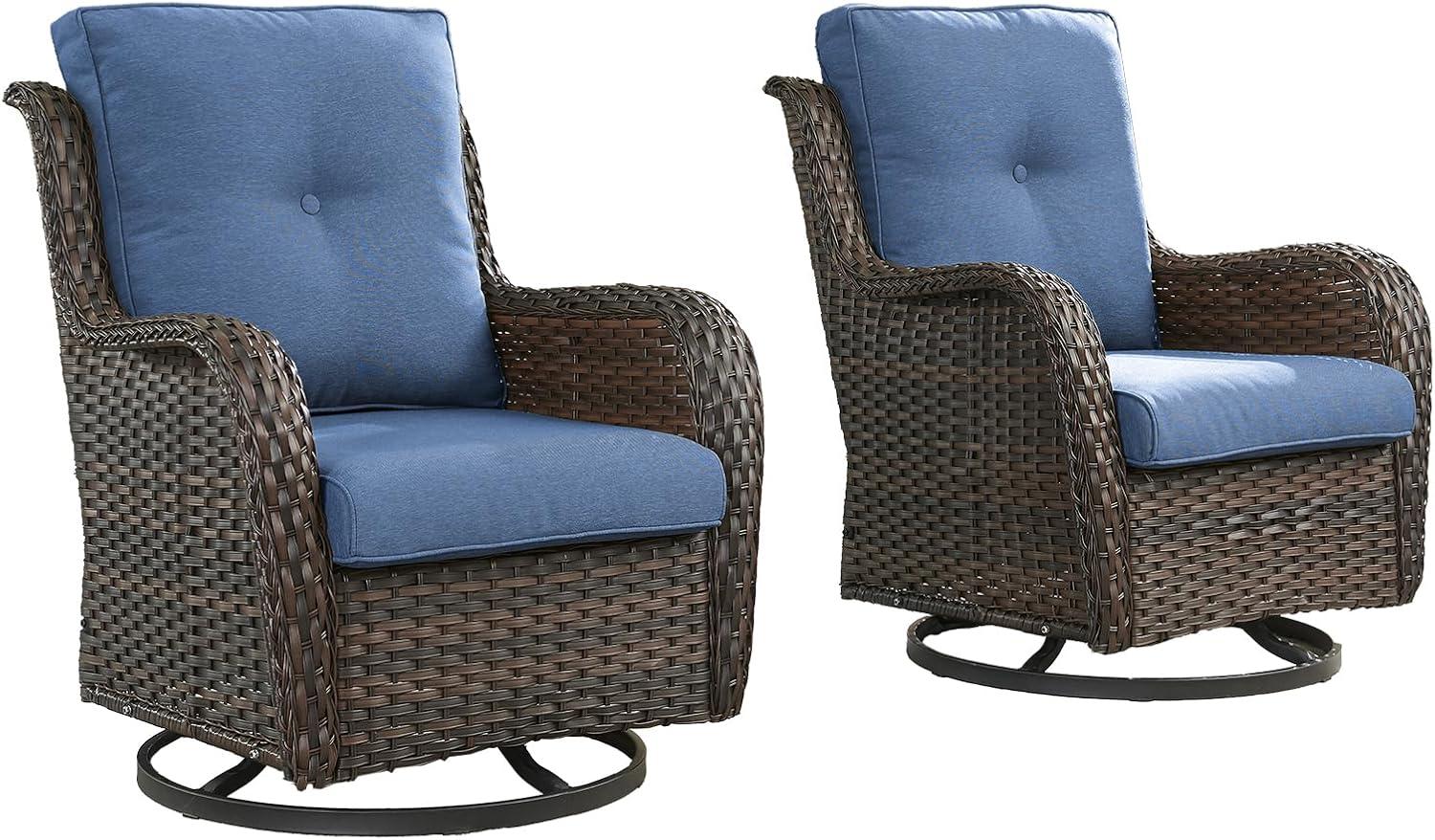 Outdoor Swivel Rocker Patio Chairs-Wicker Patio Swivel Chairs Set of 2 PE Rattan Patio Furniture for Porch Deck Balcony Garden-Brown/Blue