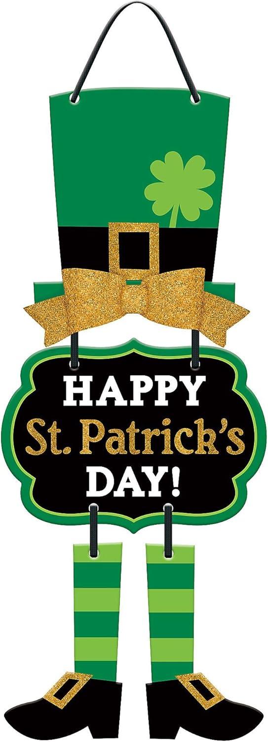 AJKSFHIU Happy St Patricks Day Leprechaun Door Signs,Saint Patricks Day Hanging Welcome Door Sign Outdoor Decorations with Leprechaun Top Hat and Feet