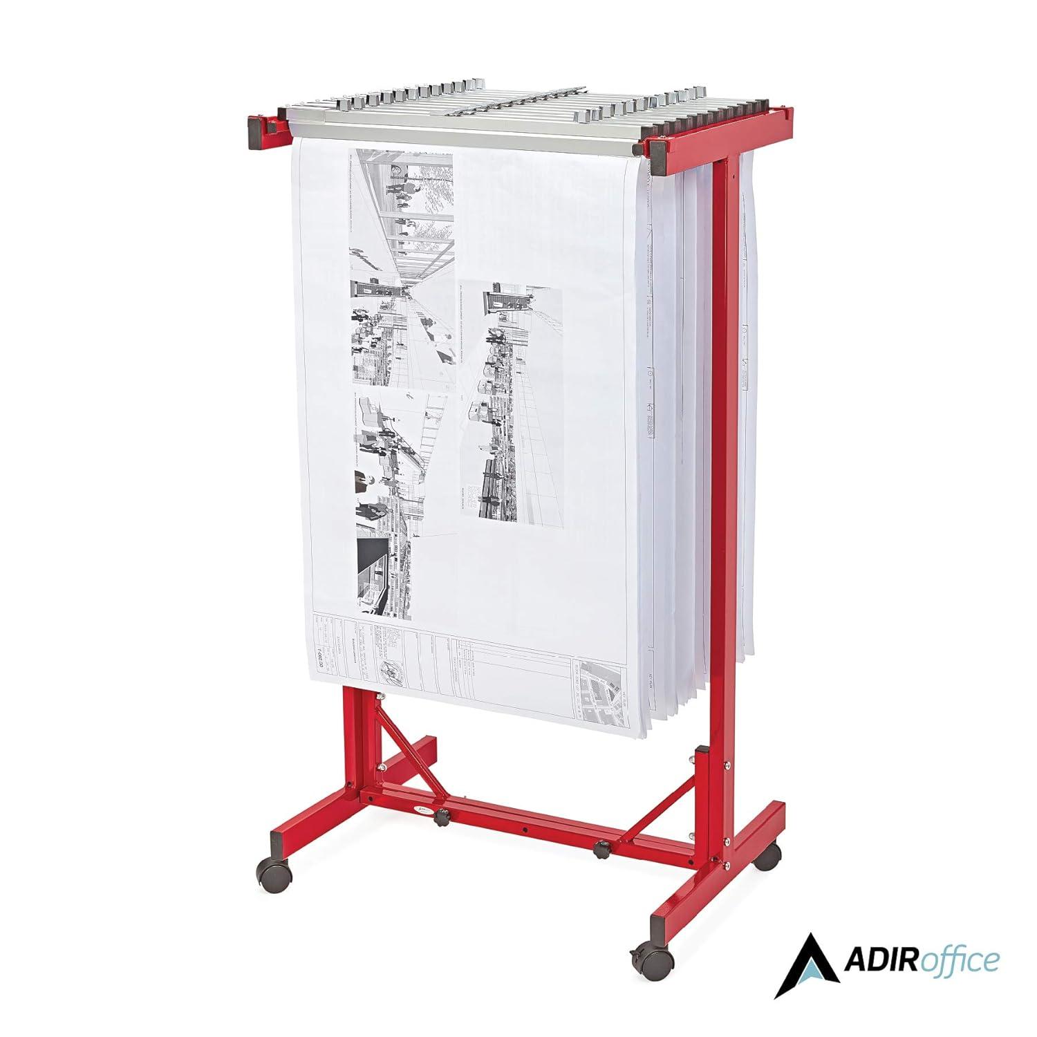 Red Heavy Gauge Steel Mobile Blueprint Rack with Adjustable Width