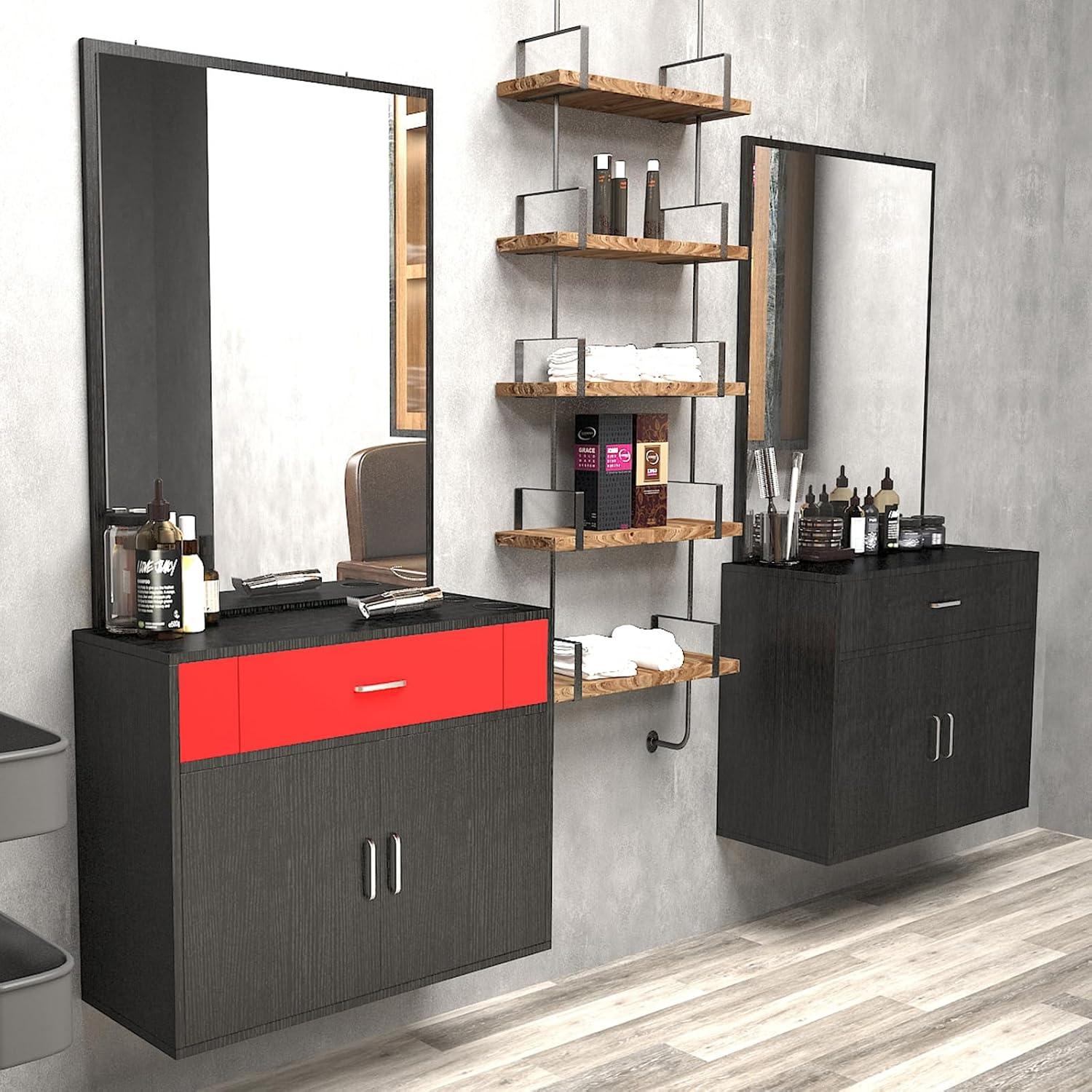 Artist Hand Wall Mount Salon Barber Station Styling Beauty Spa with Mirror, Left Shelf (Black)