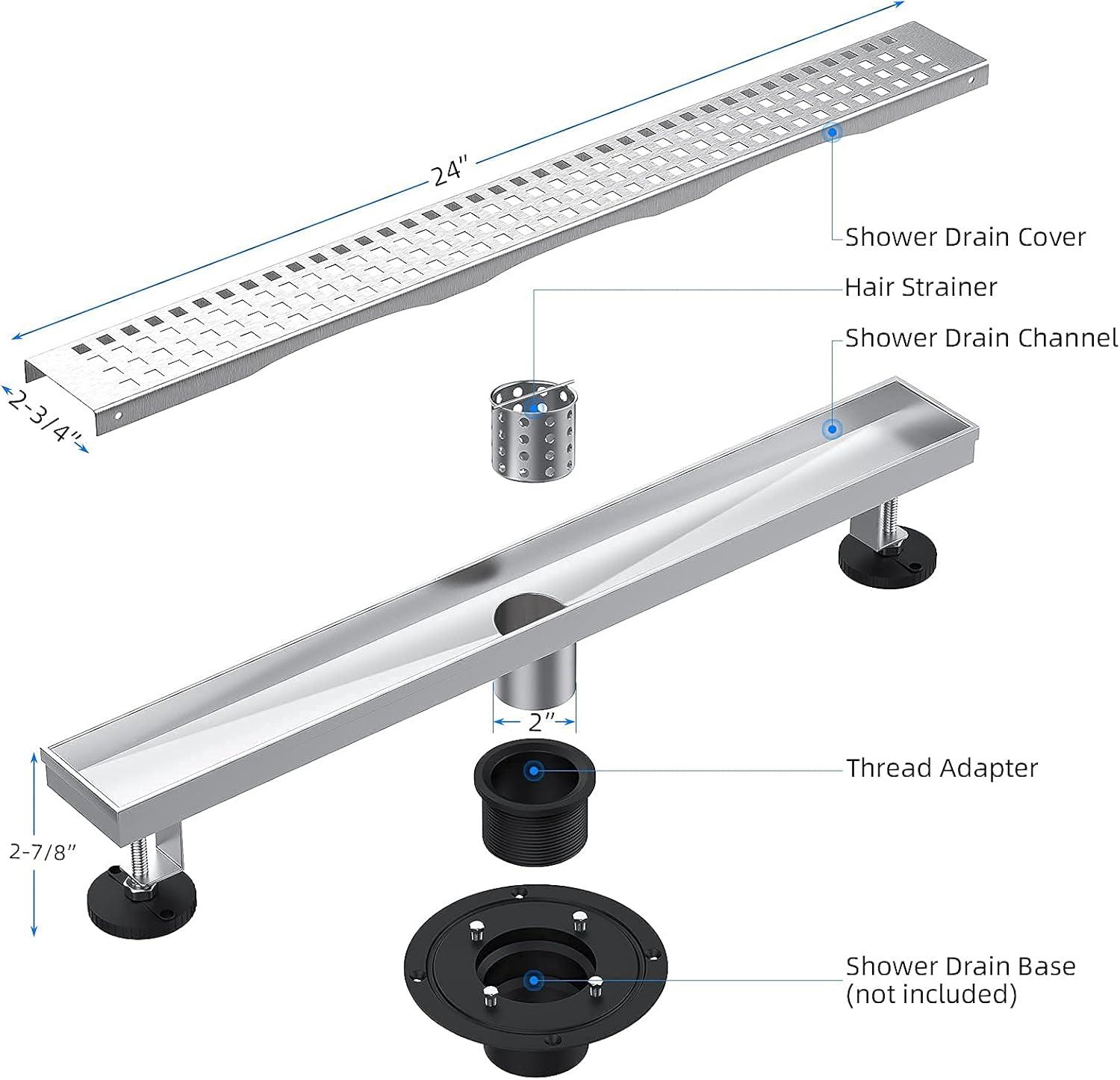 Accreate 24 Inch Linear Shower Drain, Brushed Nickel Shower Floor Drain, High Flow Shower Drain Kit with Removable Grid Cover, Hair Filter and Adjustable Leveling Feet