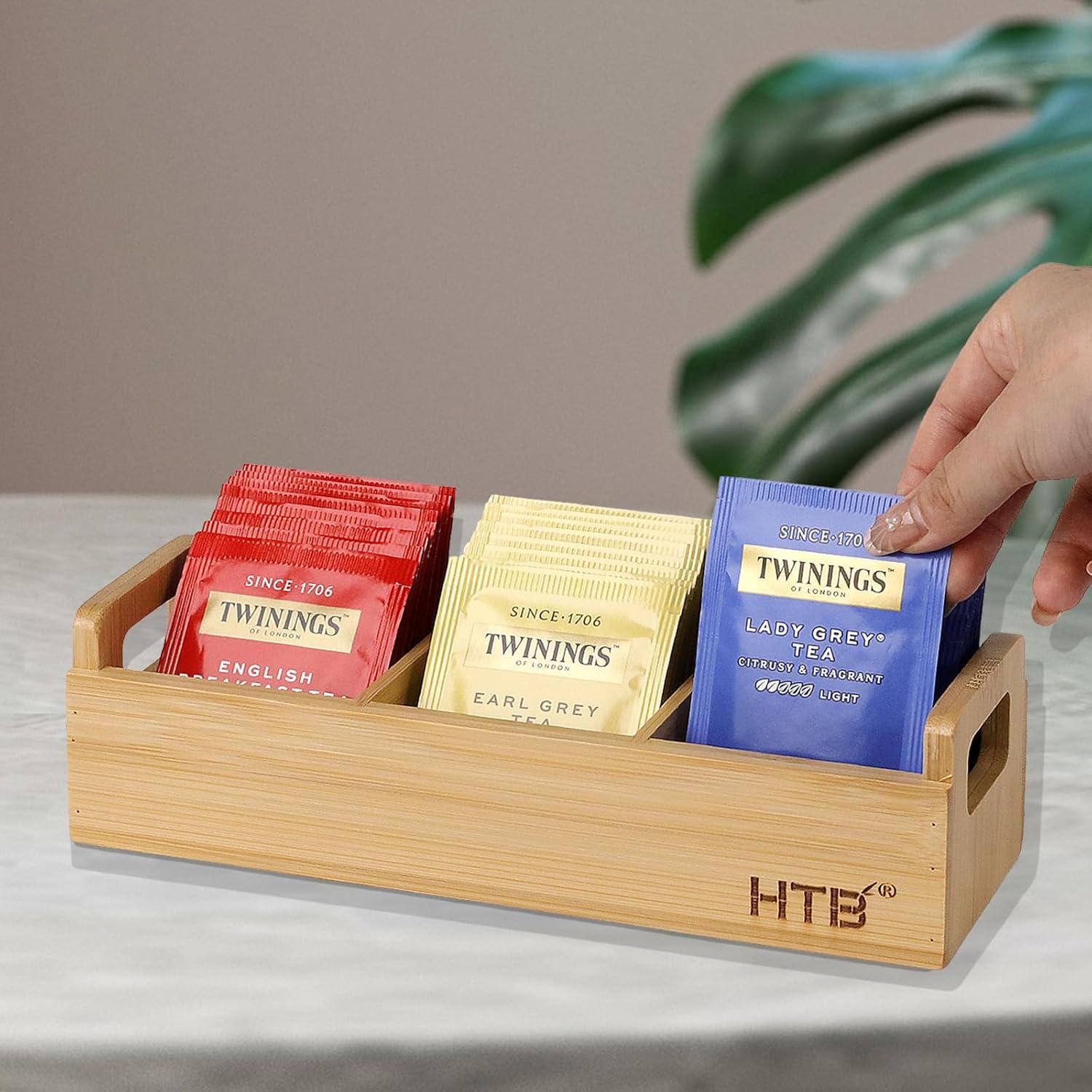 HTB Small Tea Bag Holder Pack of 2, Bamboo Tea Organizer 3 Compartments for Beverage Suppliers, Sweeteners, Individual Packets, Portable Tea Bag Organizer for Home Kitchen Counter or Office