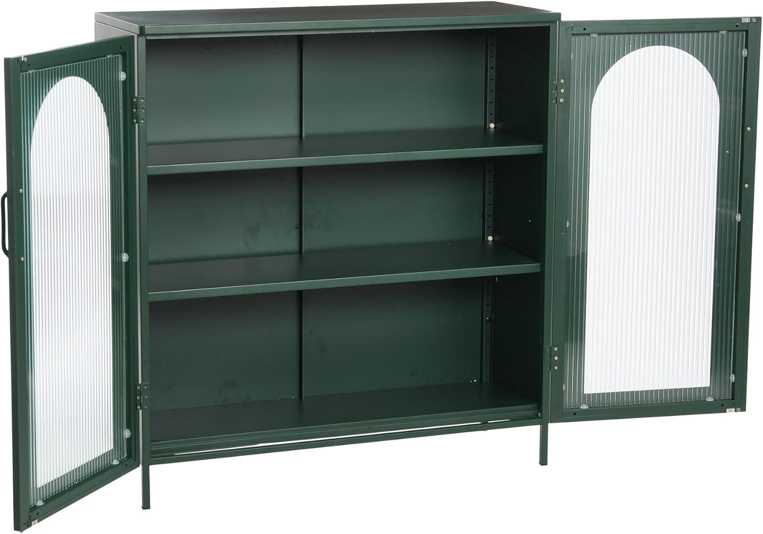 Creative Co-Op Solstice Wide Metal Accent Cabinet with 2 Adjustable Storage Shelves and Arched Glass Door, Dark Green