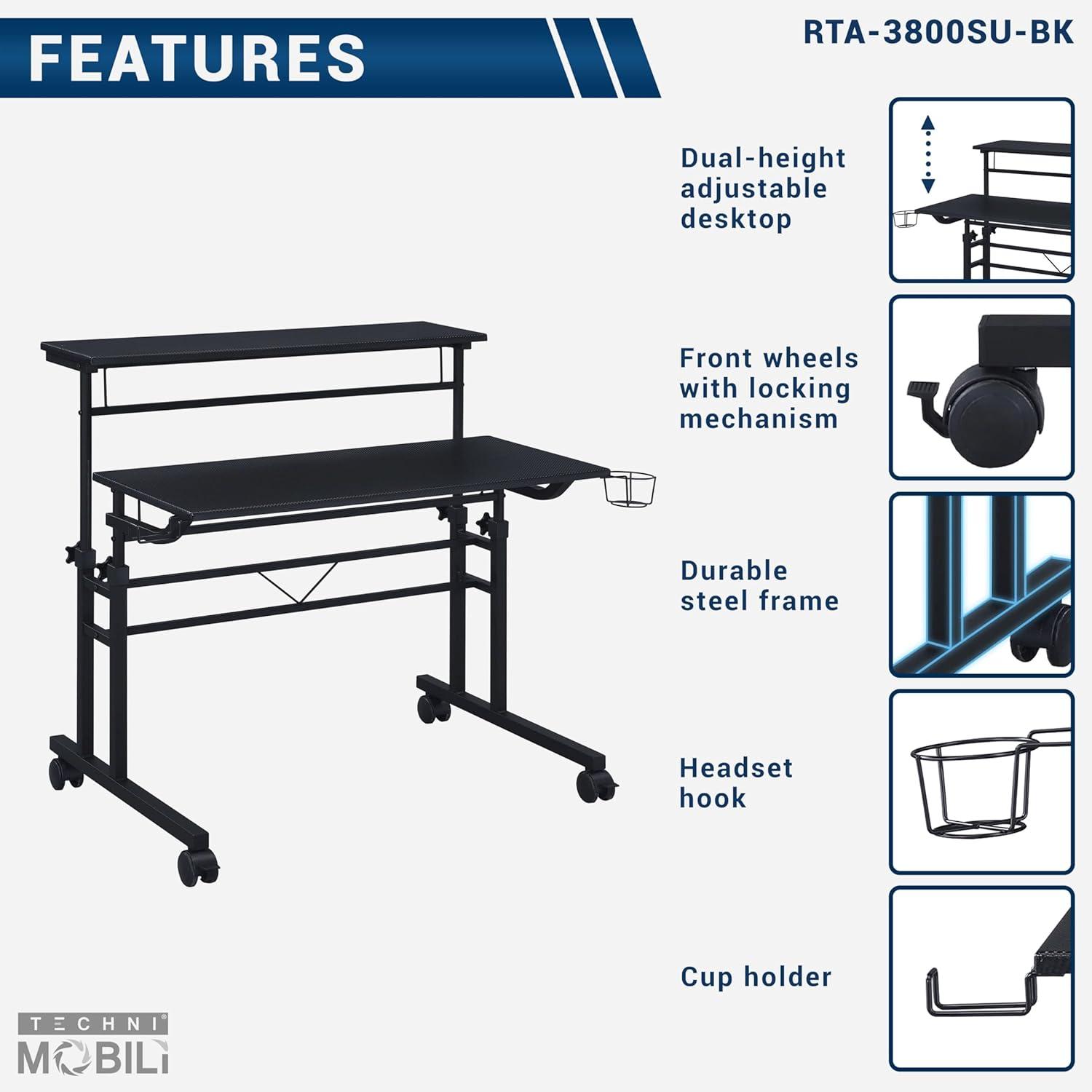 Rolling Writing Desk with Height Adjustable Desktop and Moveable Shelf - Techni Mobili