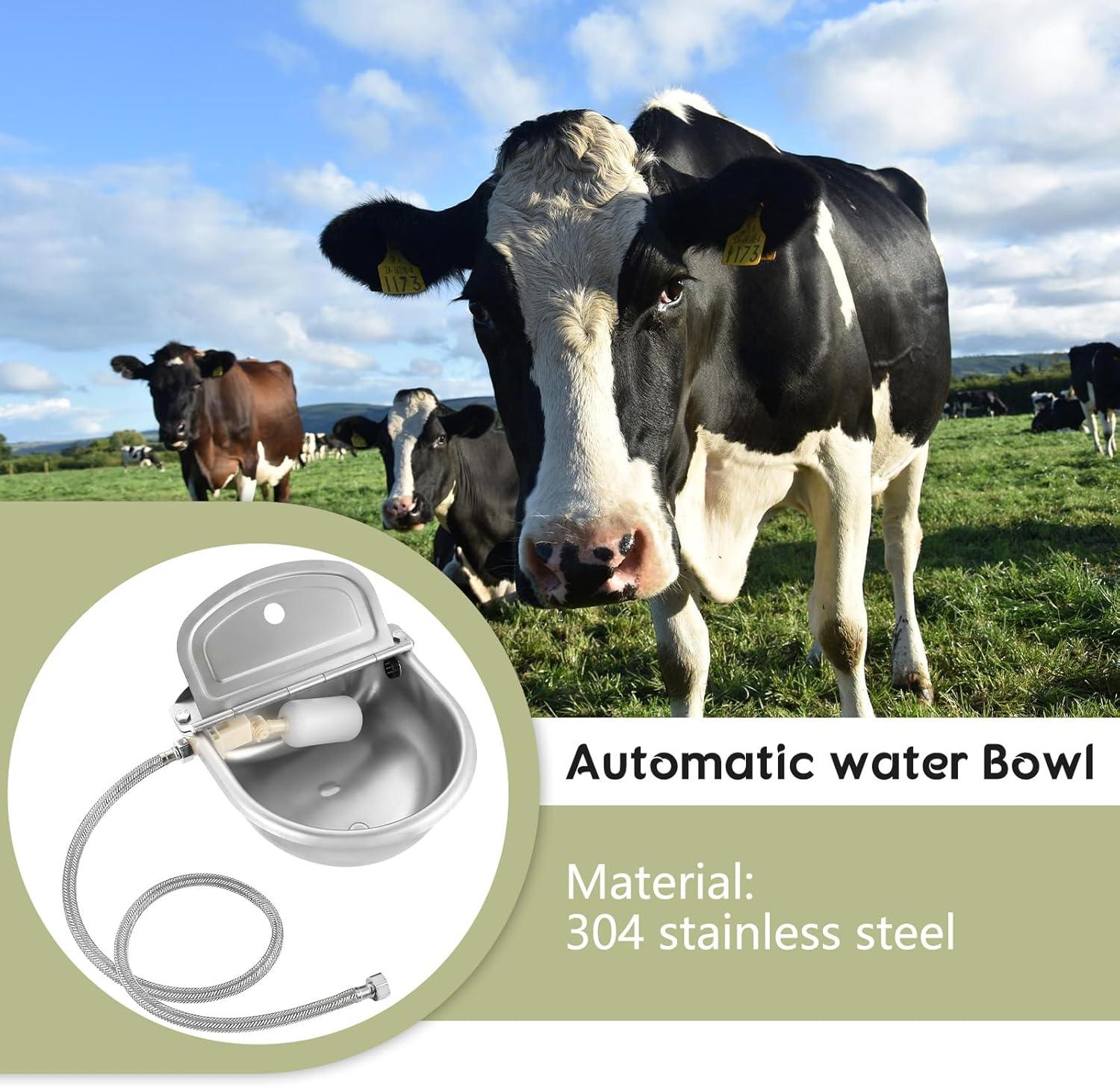 Automatic Dog Drinking Water Bowl, 304 Stainless Steel Outdoor Waterer for Dog Horse Pig Cow, Large Animal Dispenser with 2 Float Valves, Pipe Hose, Quick Connector and Expansion Bolt