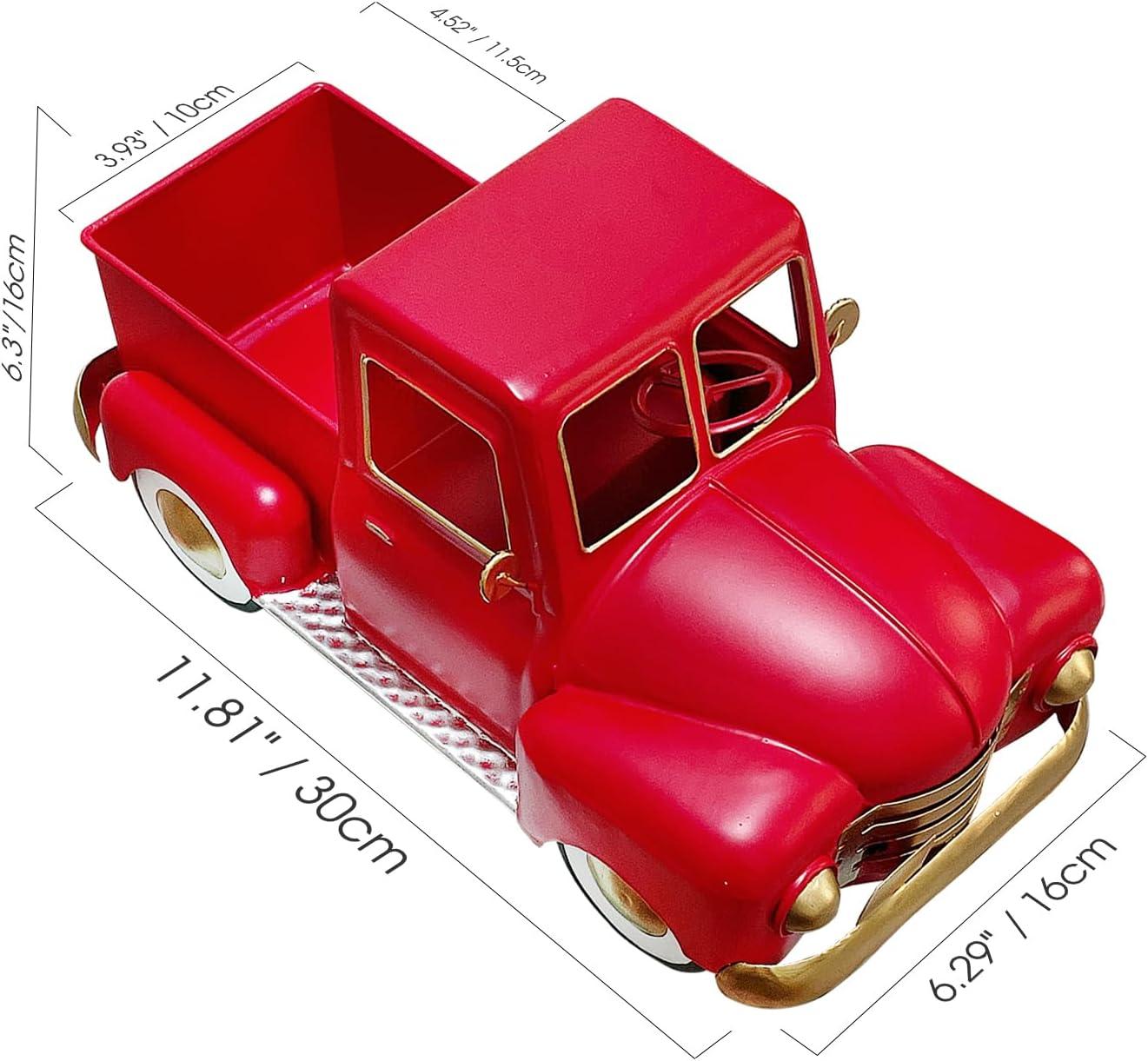 Vintage Red Metal Truck Sculpture with Gold Accents