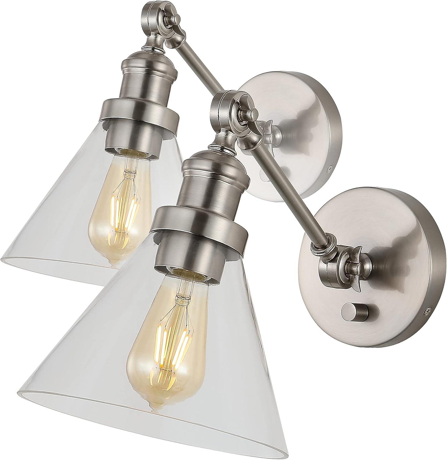 Nickel Adjustable Iron and Glass LED Wall Sconce Set