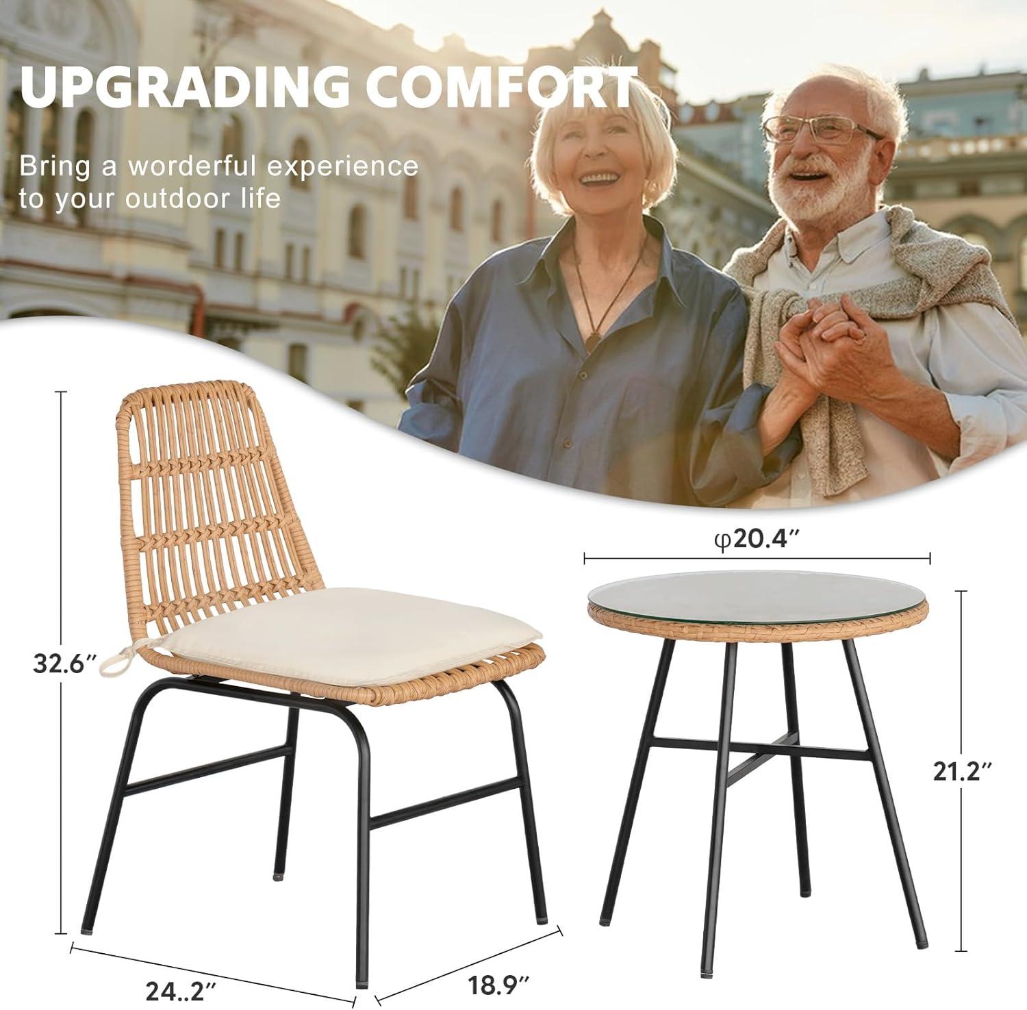 Black Steel and Wicker 3-Piece Patio Bistro Set with Beige Cushions