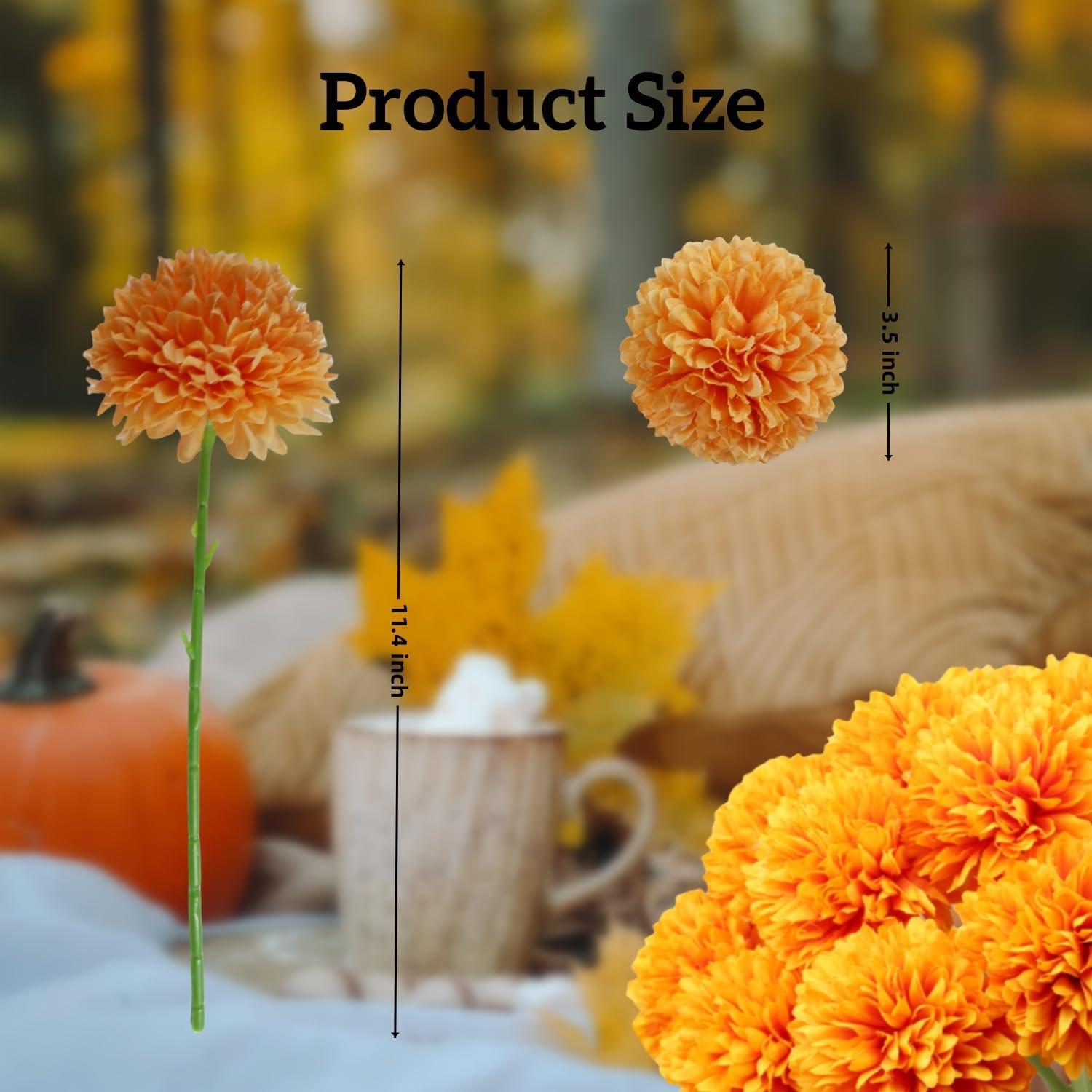 12pcs Orange Fake Flowers 12" Artificial Chrysanthemum Ball Silk Flowers Bouquet for Home Kitchen Wedding Table Arrangement Decorations