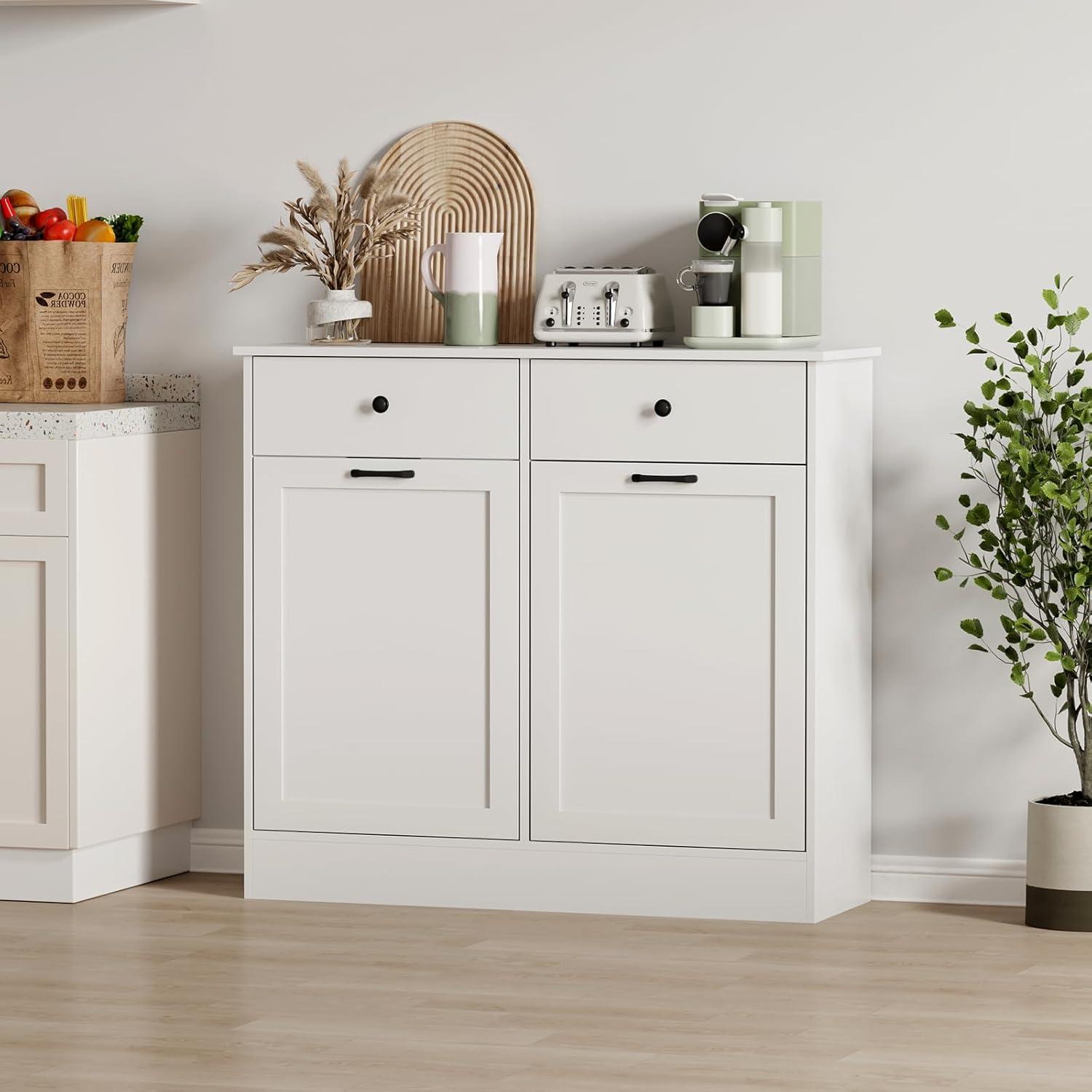 White Wooden Double Tilt-Out Trash Can Cabinet