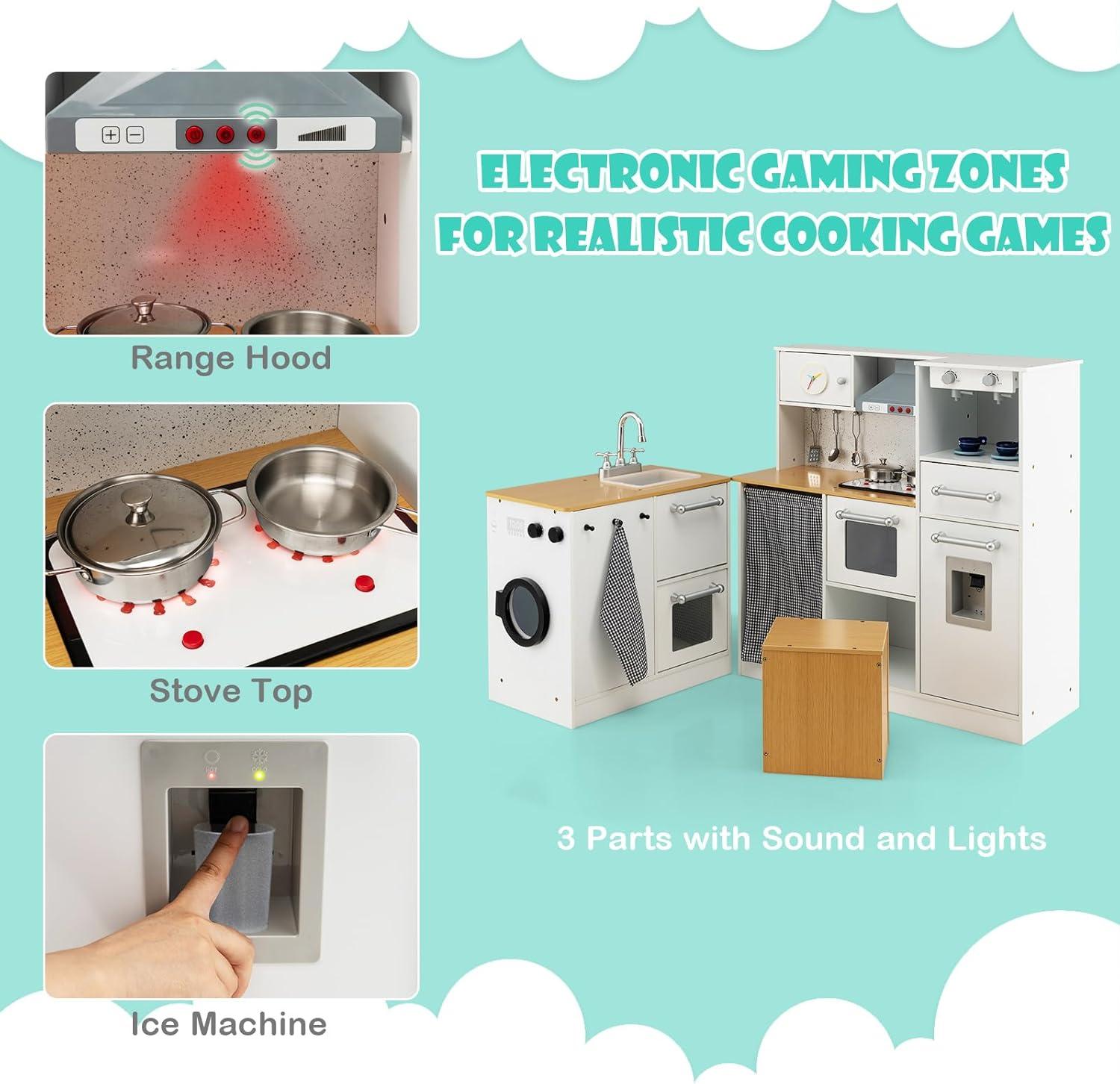 HONEY JOY Kids Kitchen Playset, 2-Piece Modular Wooden Corner Toy Kitchen Set/Washing Machine & Sink, Coffee Maker, Range Hood & Stove, Stool, Little Chef Pretend Play Kitchen for Toddlers, Natural