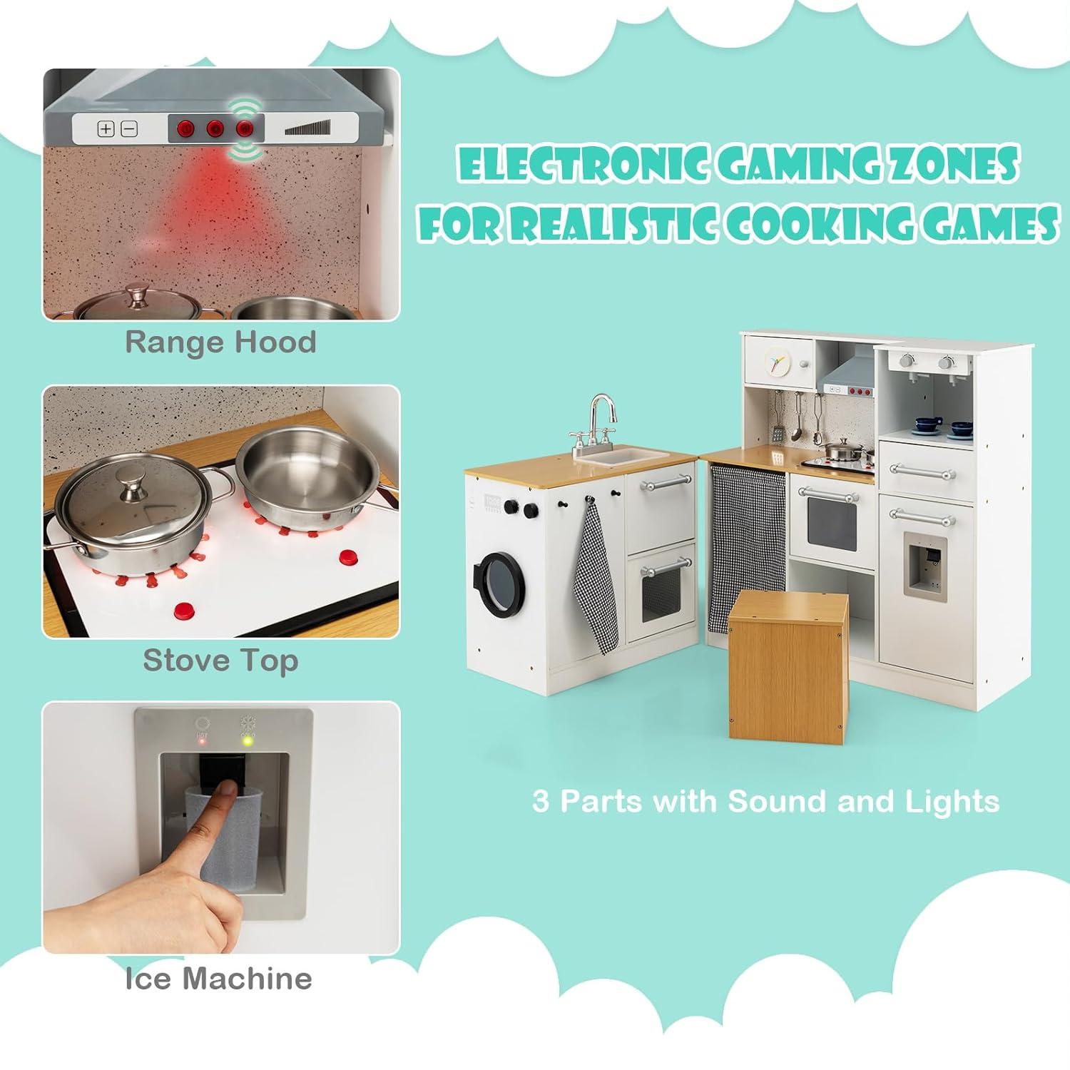 HONEY JOY Kids Kitchen Playset, 2-Piece Modular Wooden Corner Toy Kitchen Set/Washing Machine & Sink, Coffee Maker, Range Hood & Stove, Stool, Little Chef Pretend Play Kitchen for Toddlers, Natural