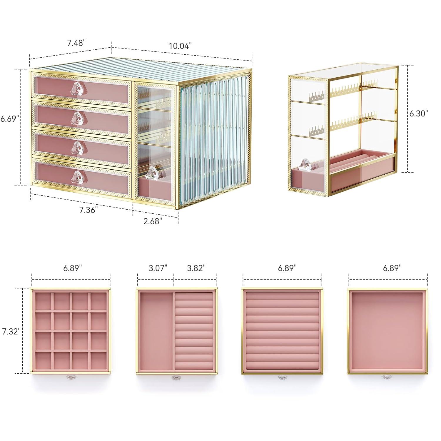 Youdepot Jewelry organizer box-Tempered Glass 5-Drawer jewelry boxes for women, Large Jewelry Boxes & Organizers With Velvet Necklaces Earring Organizer.