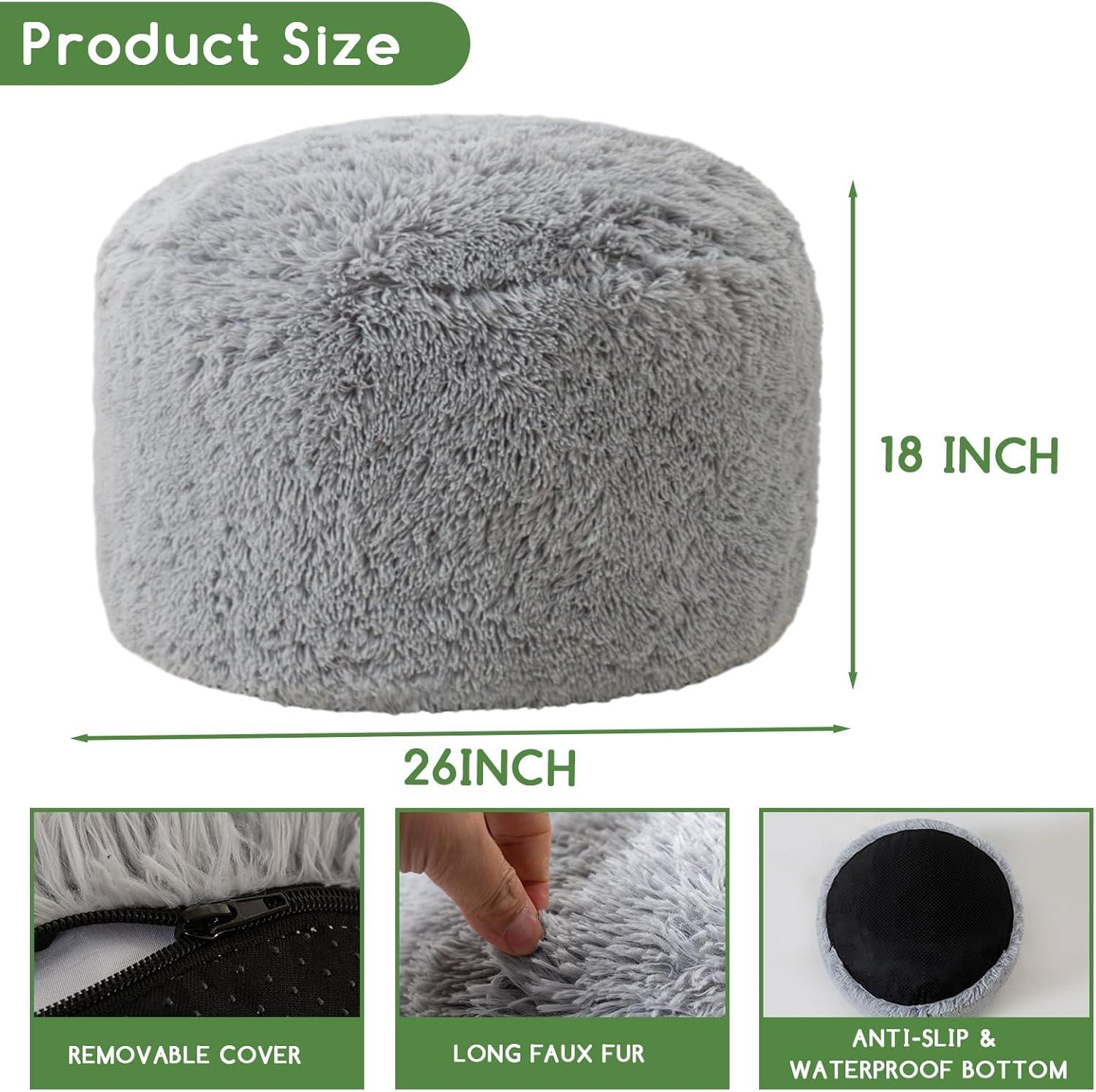 Grey Faux Fur Round Pouf Ottoman with Foam Filling