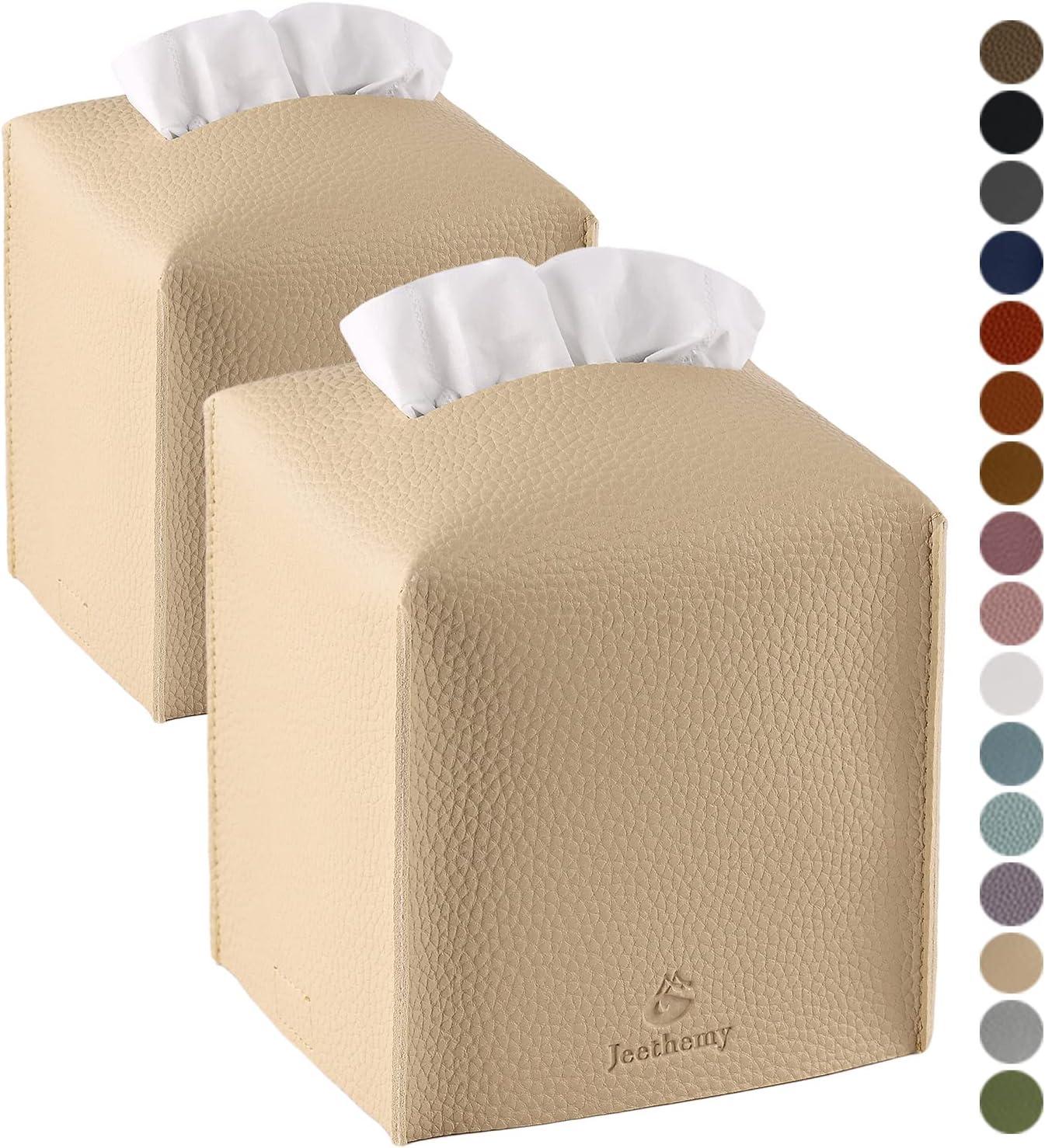 Tissue Box Cover, Square PU Leather Tissue Box Holder, Modern Tissue Case Facial Paper Organizer Dispenser，5X5X5'',Double Beige