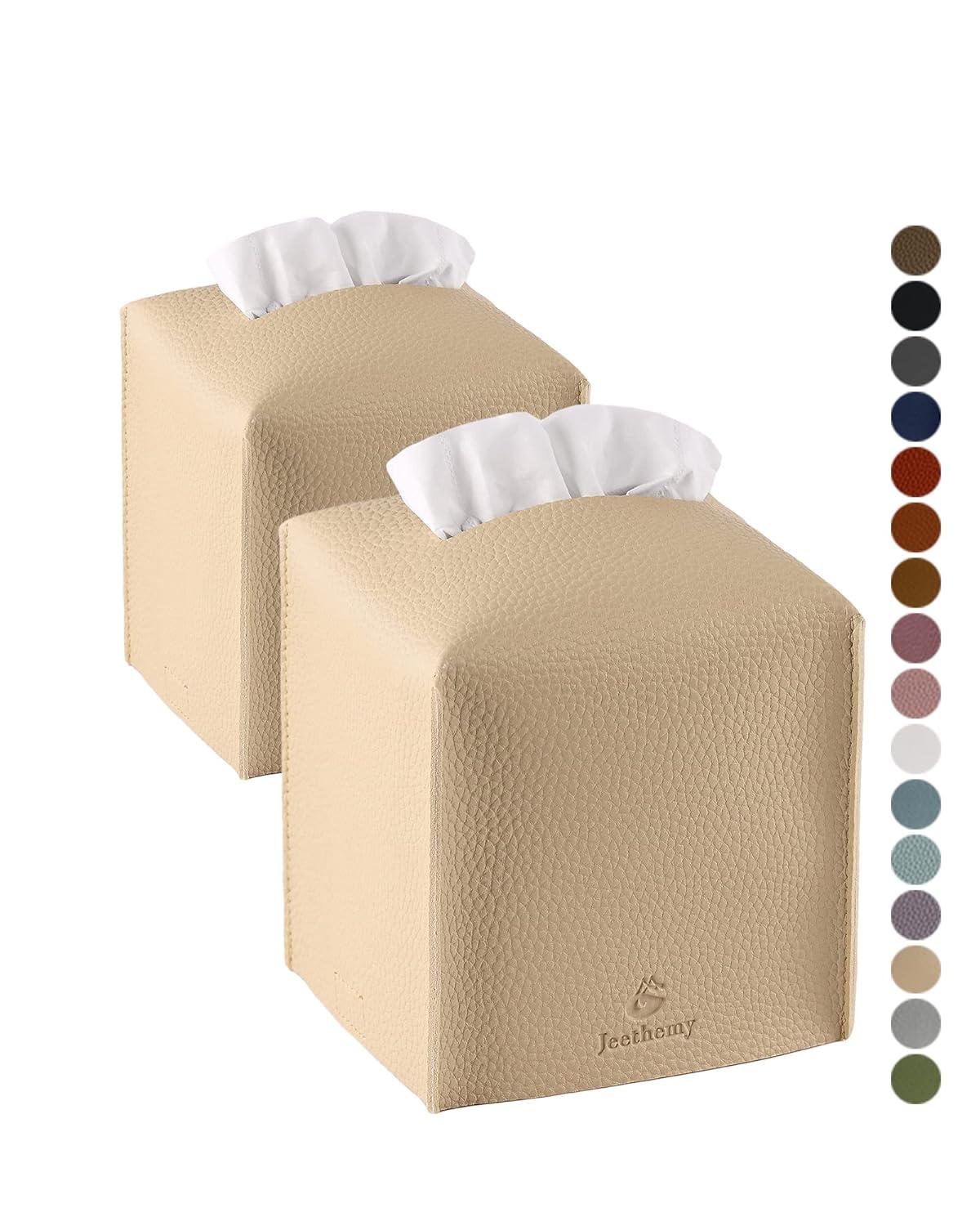 Tissue Box Cover, Square PU Leather Tissue Box Holder, Modern Tissue Case Facial Paper Organizer Dispenser，5X5X5'',Double Beige