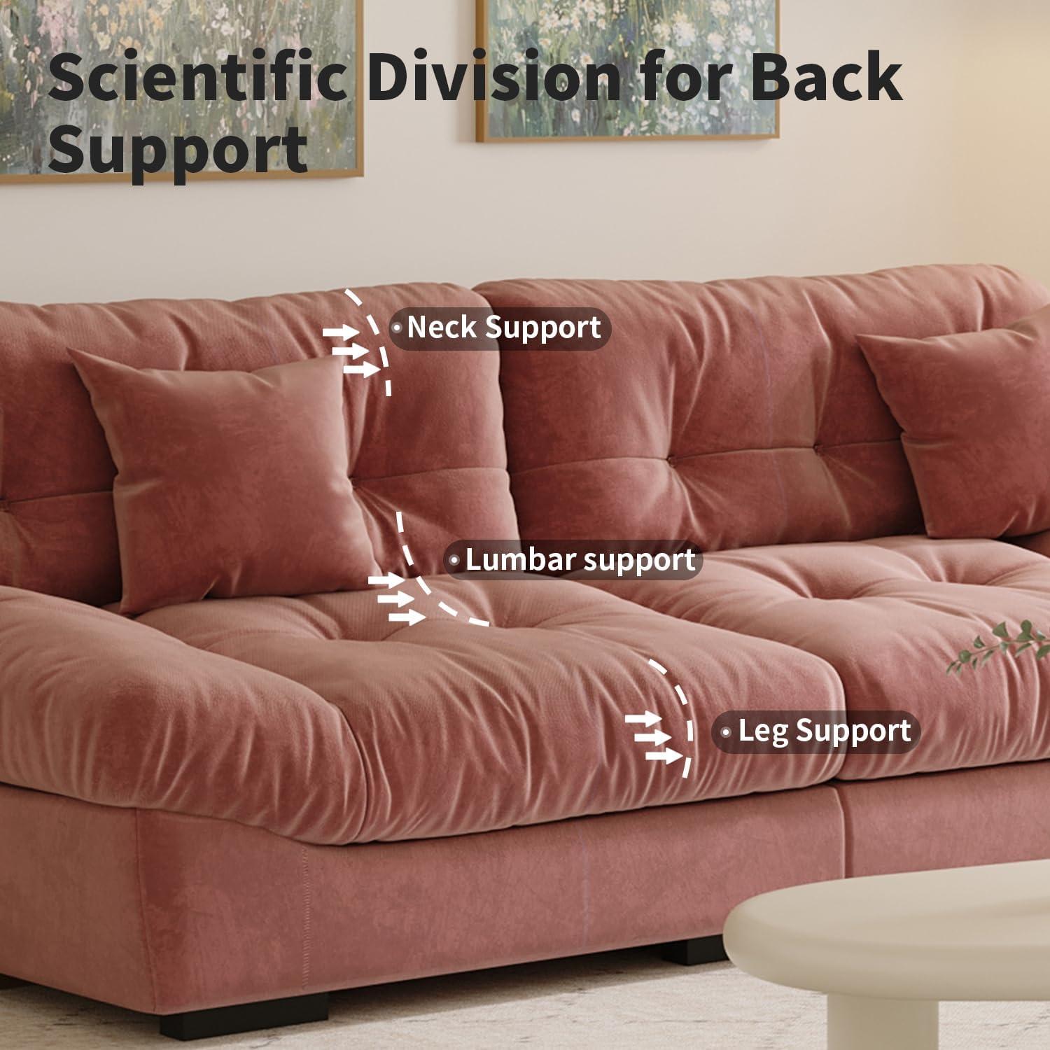 Cloud Modular Sectional Sofa,105inch Scrub Velvet Sofa Couch for Living Room,Curved Couch,Modern LoveSofa with 2 Pillows 3 Seater for Apartment-Pink