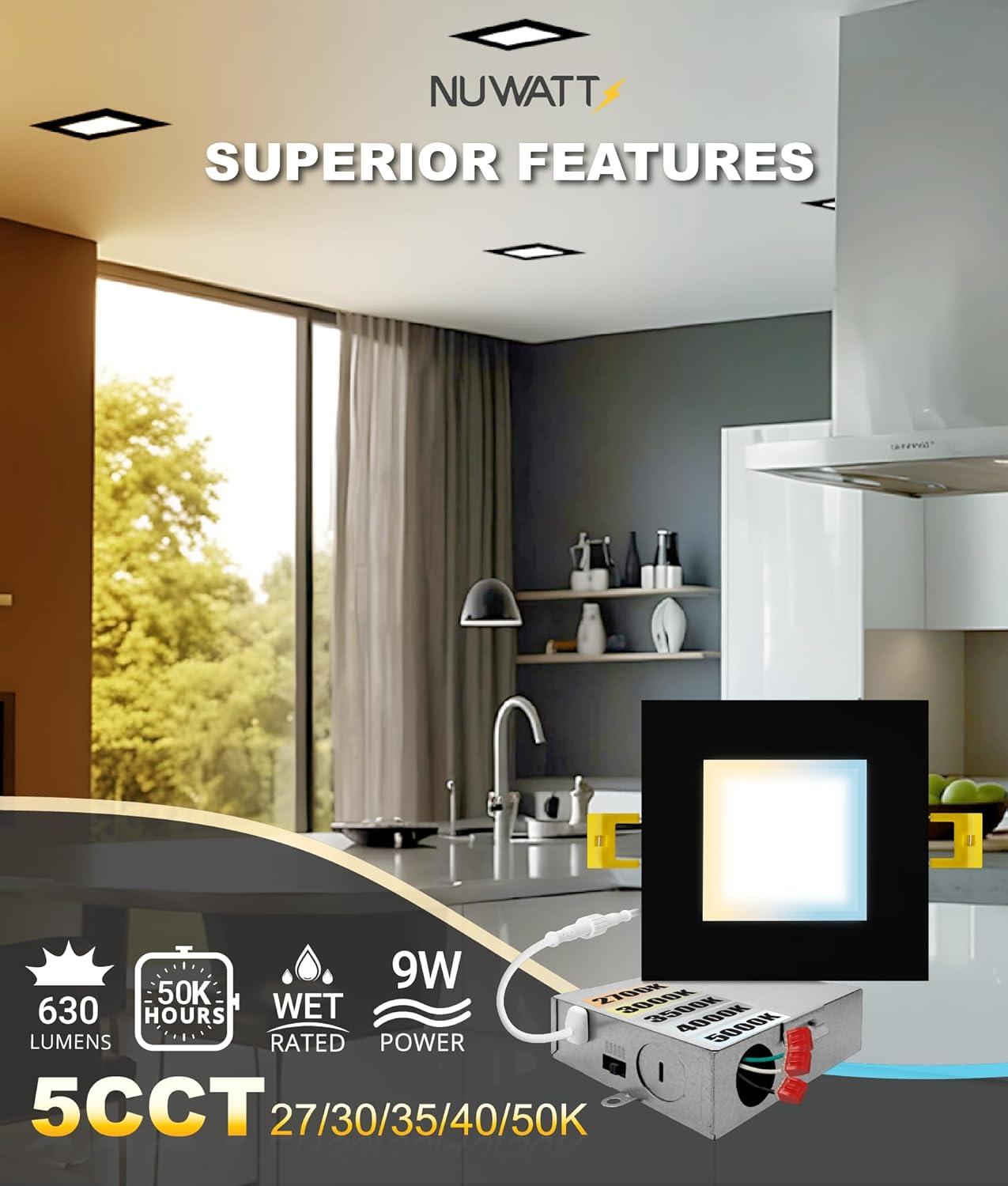4 in. Slim Canless Square LED Recessed Light 12W 5CCT Dimmable IC Rated 550LM Black Trim 12PK