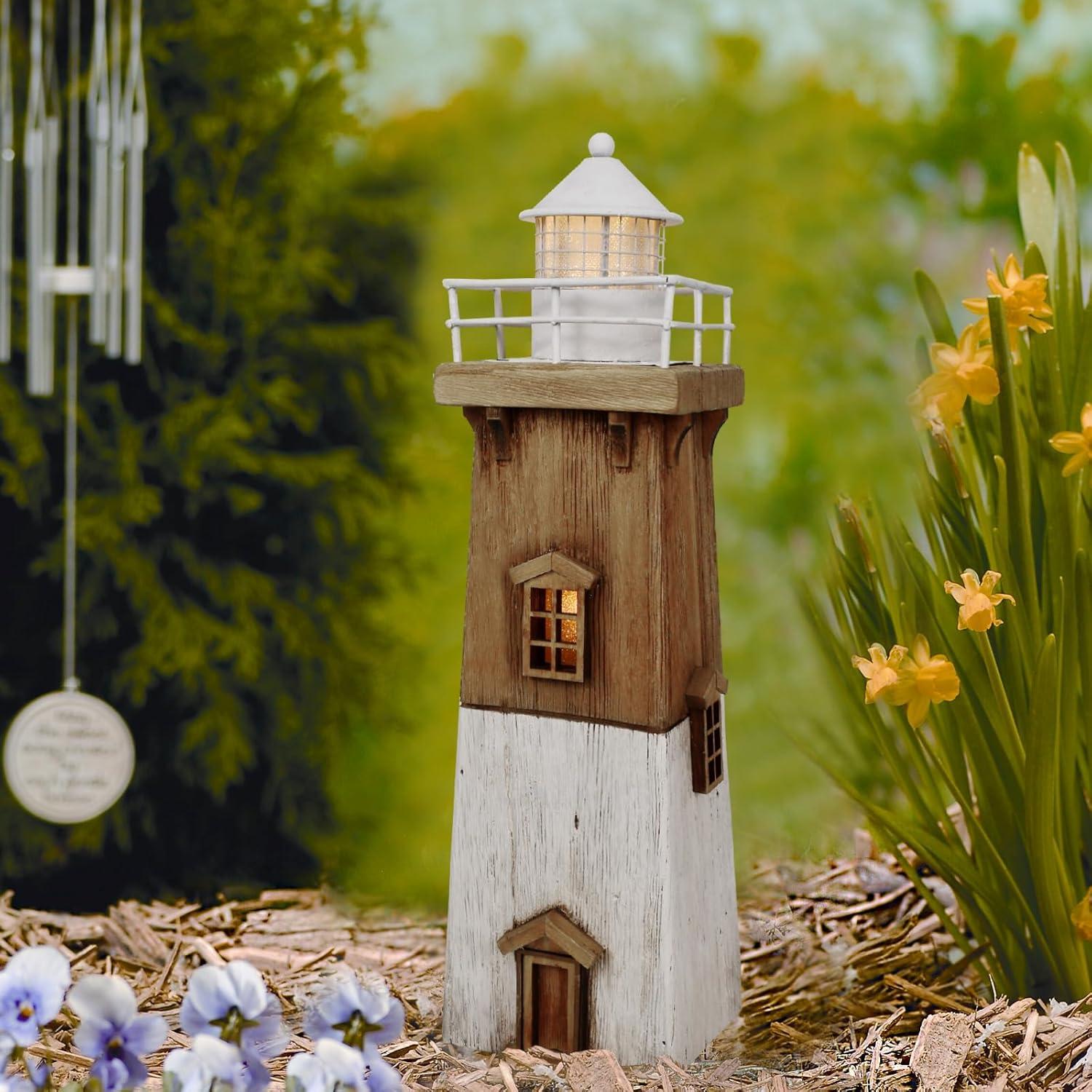 Rustic Wooden Nautical Lighthouse with LED Light, 13.78"