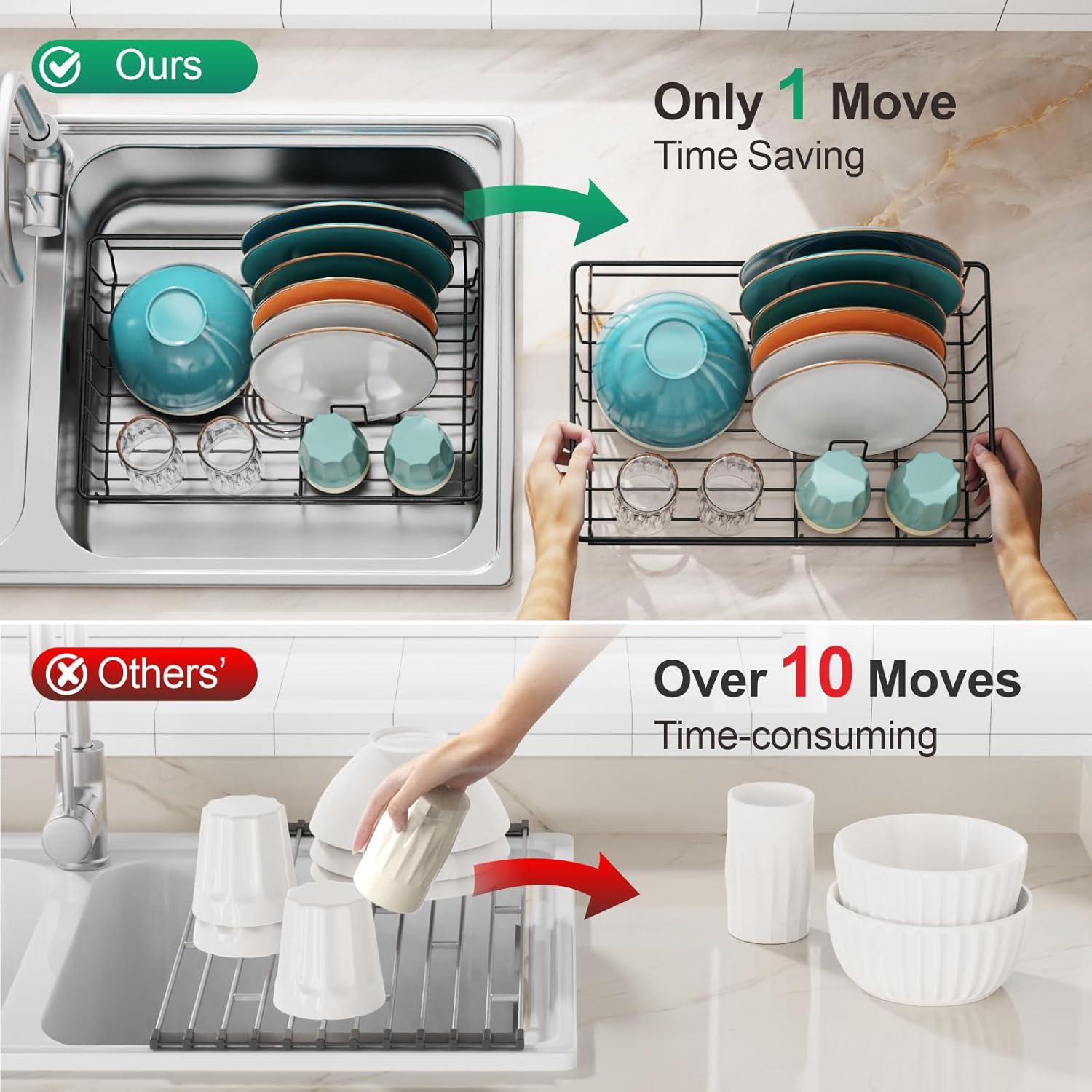 iSPECLE Dish Drying Rack with Drainboard - Dish Racks for Kitchen Counter, Rust-Resistant Compact Dish Drainer with Utensil Holder, Drain Spout and High Feet on Drip Tray, Black