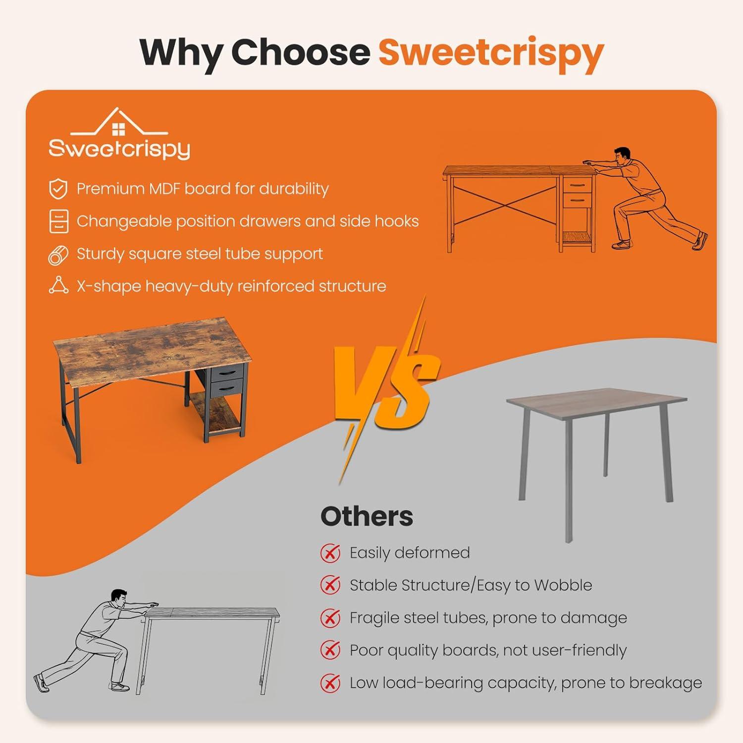 Sweetcrispy 40 Inch Computer Desk with Drawers for Home Office, Writing Desk with X-Shaped Reinforcement, Wood Table with Adjustable Position Drawers, Study Work Table with Side Hook, Rustic Brown