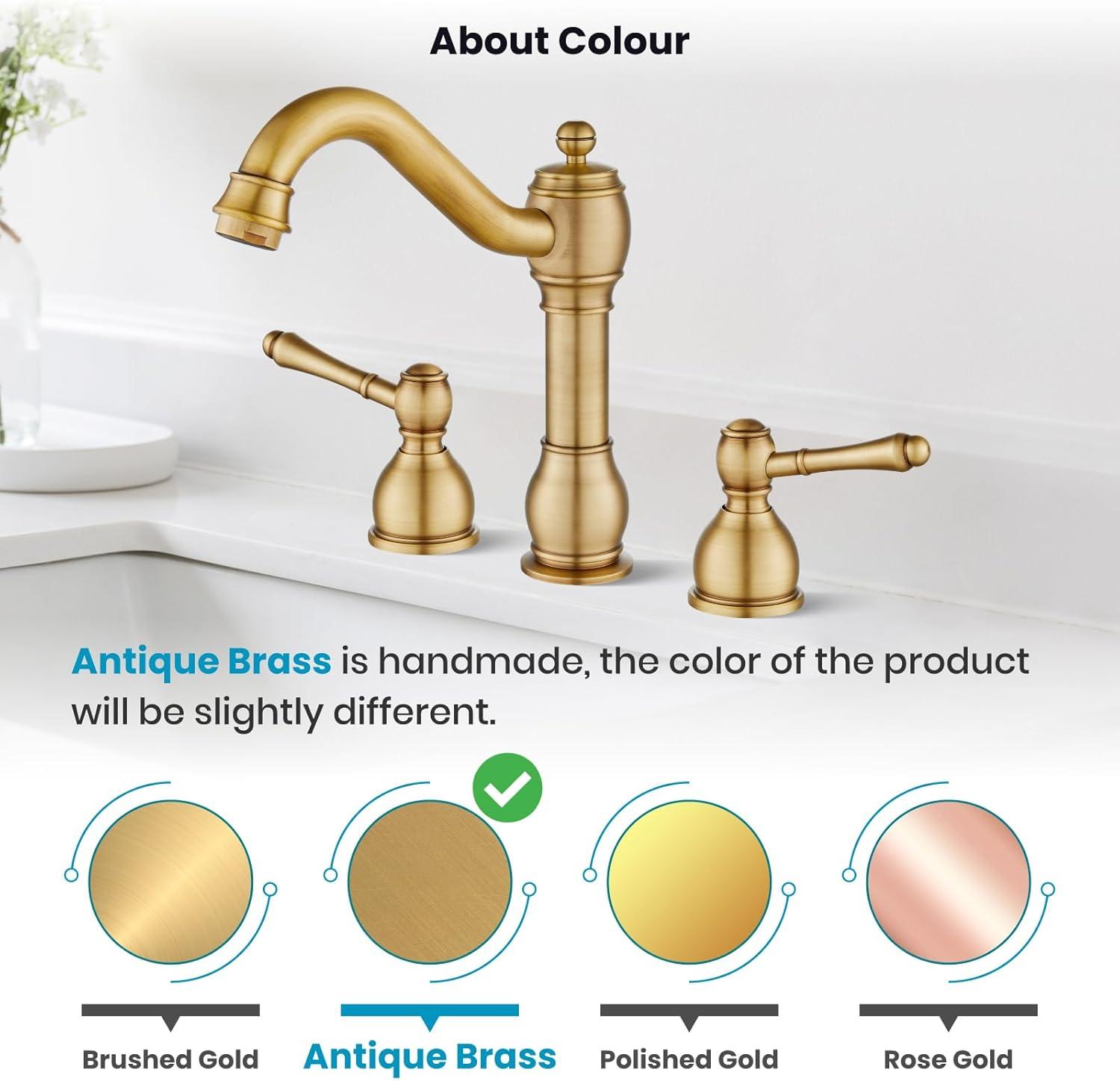 gotonovo Bathroom Faucet 3 Hole 8 Inch Widespread Bathroom Sink Faucet 2 Cross Handles Vintage Lavatory Vanity Mixer Tap with Pop Up Drain, H C Label, Antique Brass
