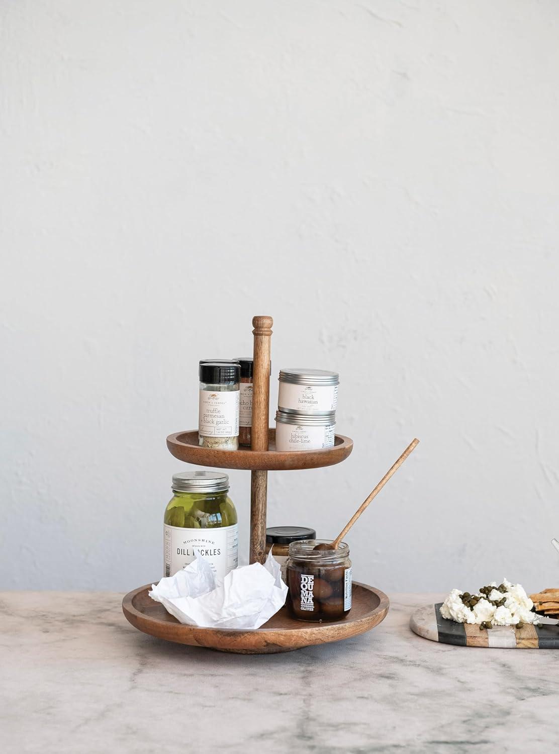 Natural Mango Wood 2-Tier Round Tray with Metal Handle