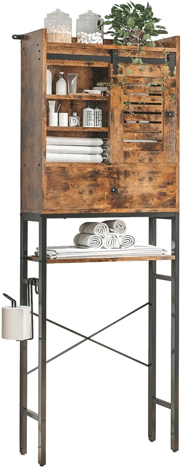 IRONCK Over the Toilet Storage Rack with 6 Tier Shelf, Bathroom Space Saver with Cabinet and Drawer, Vintage Brown