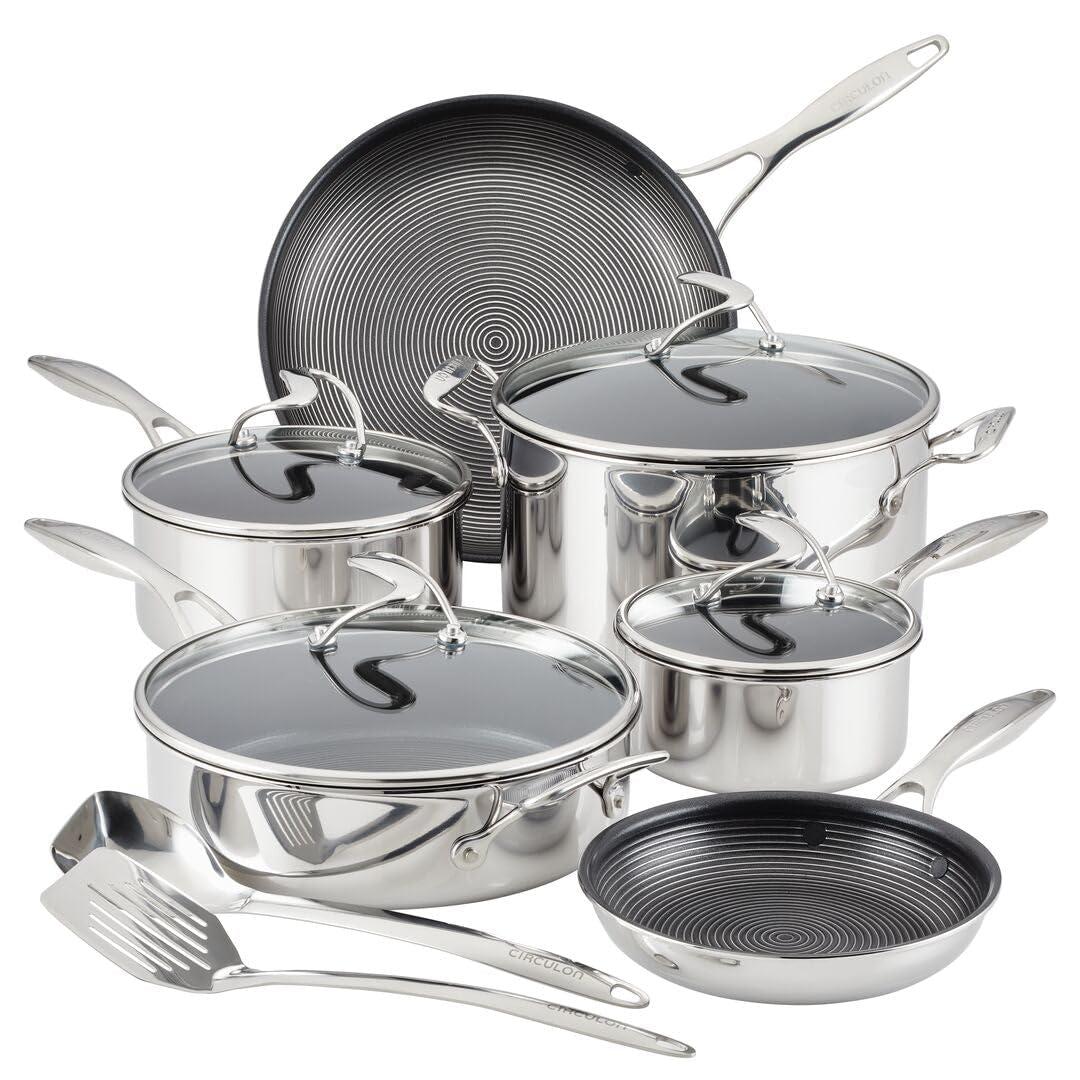 Circulon Circulon Clad Stainless Steel Cookware and Utensil Set with Hybrid SteelShield Nonstick, 12-Piece