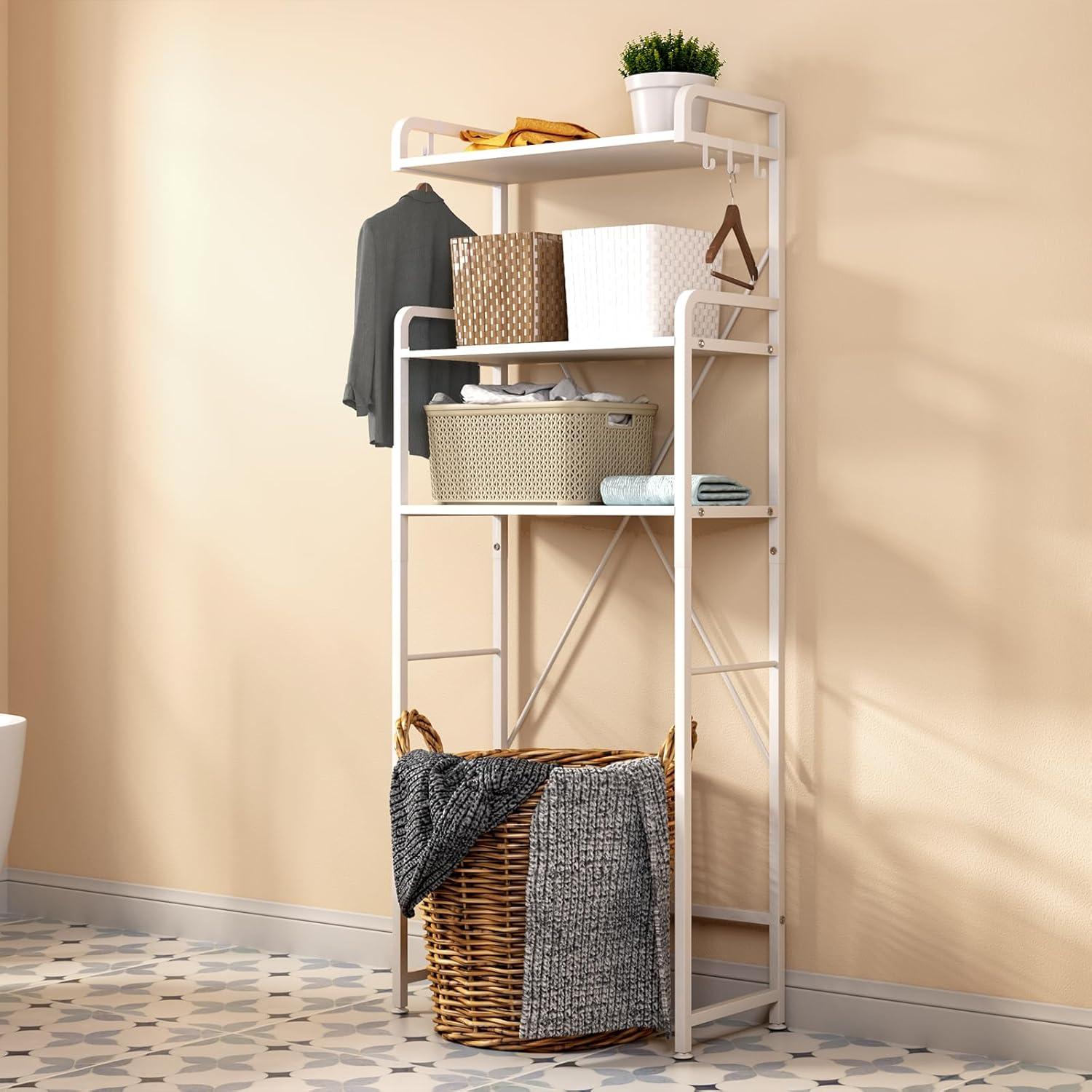 Over The Toilet Storage Rack with 3-Tier Bathroom Shelves, Space Saver Toilet Shelf, Bathroom Storage Organizer with Hooks for Over Toilet Storage and Shelf (White)