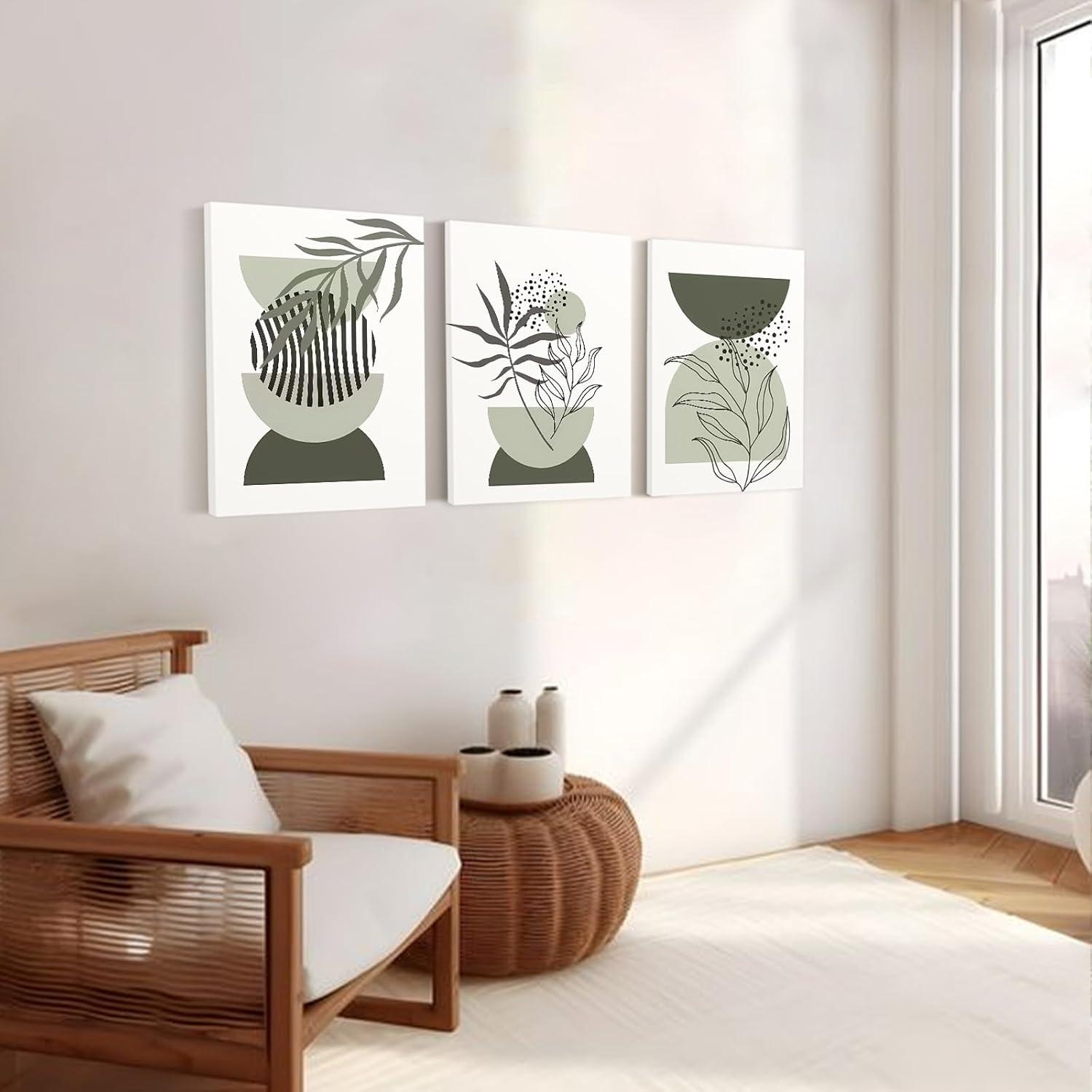 Sage Green Boho Wall Art Set of 3, Minimalist Framed Wall Art Geometric Line Leaf Sun Moon Beige Green Canvas Artwork Paintings, Abstract Botanical Boho Room Decor, Sage Green Wall Posters 12"x16"