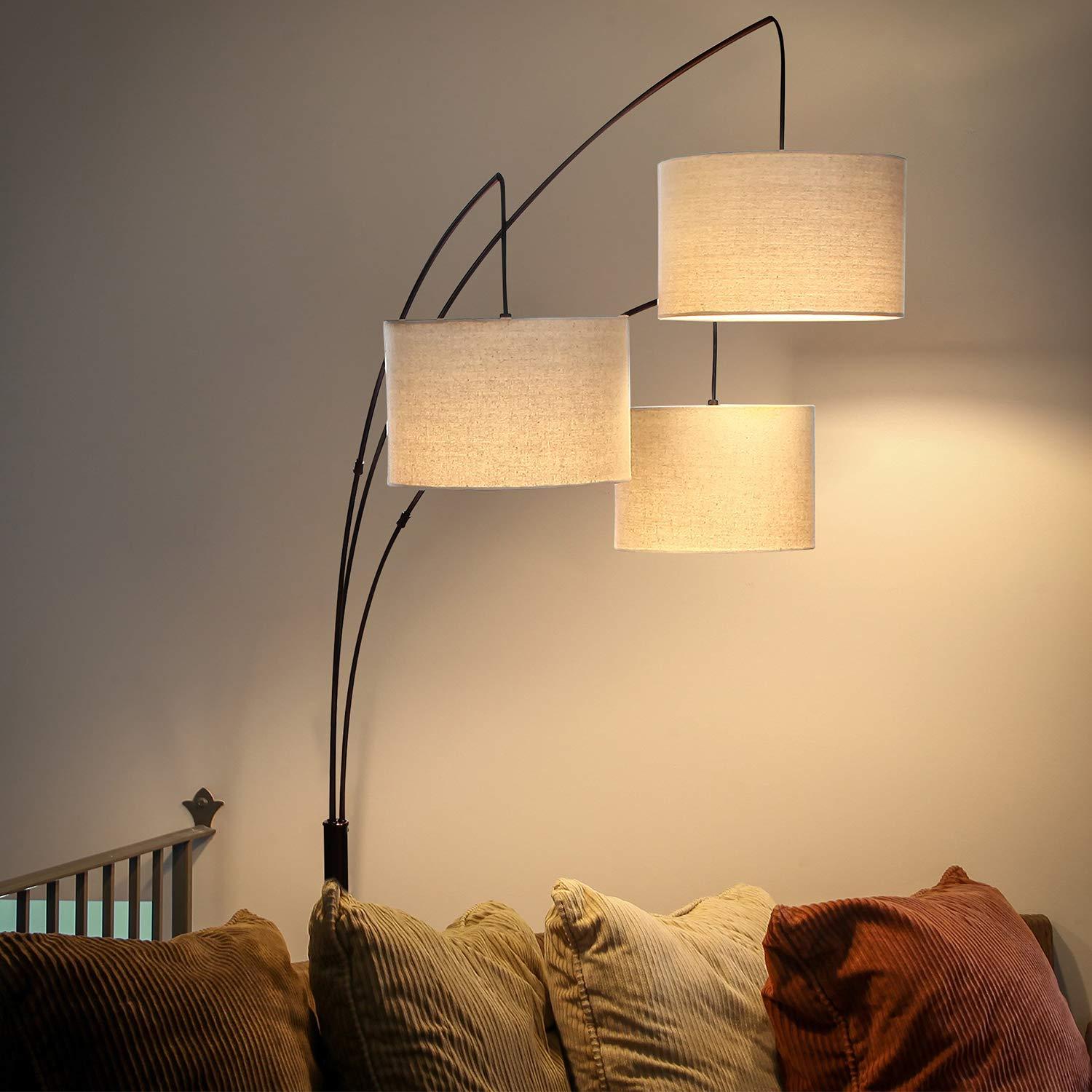 Brightech Trilage 84 in. Mid-Century Modern 3-Light Adjustable LED Arched Standing Floor Lamp with 3 Fabric Drum Shades