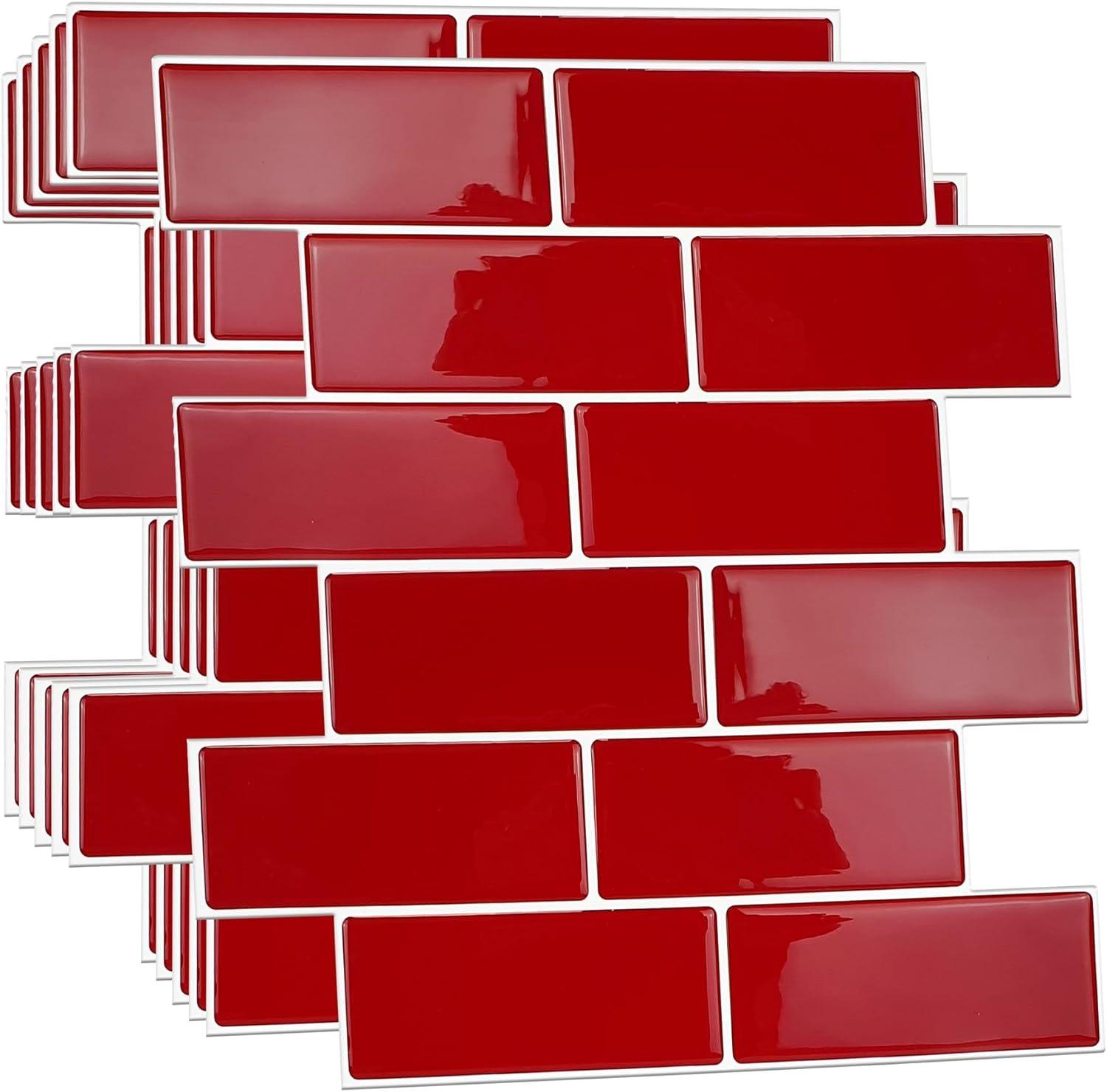 Cherry Red Glossy Peel and Stick Subway Tile