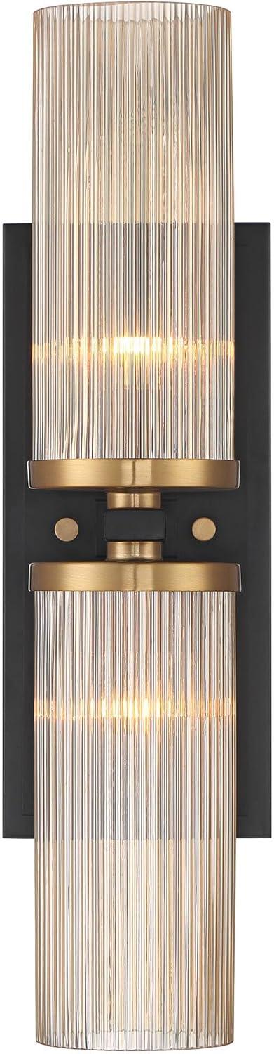Stiffel Modern Wall Light Sconce Black Brass Hardwired 4 1/4" 2-Light Fixture Ribbed Champagne Glass Shade for Bedroom Bathroom Vanity Living Room