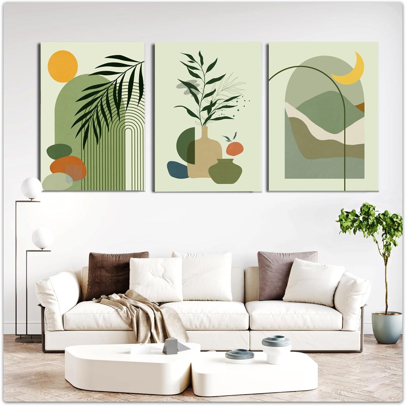 Sage Green Abstract Boho Canvas Wall Art Set