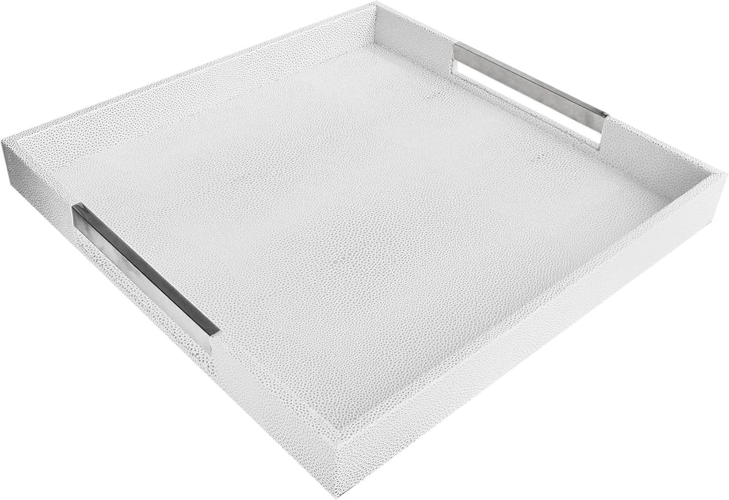 White and Gray Textured Square Tray with Silver Handles