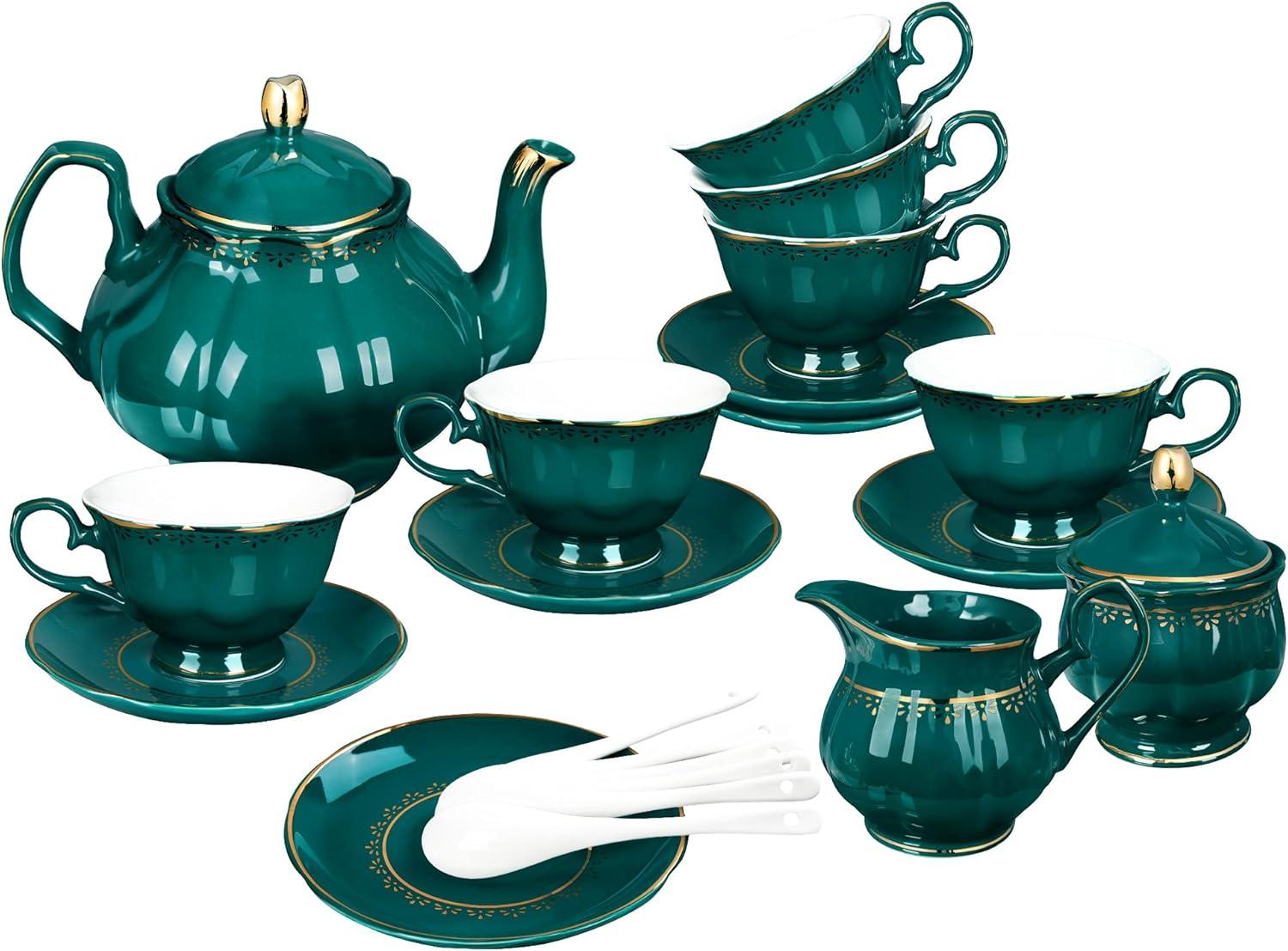 Rosdorf Park Malerba 21 Piece Vintage Porcelain Tea Set, Green With Gold Trim China Coffee Service For 6, Large Teapot, Tea Cup And Saucers Set, Christmas Gifts