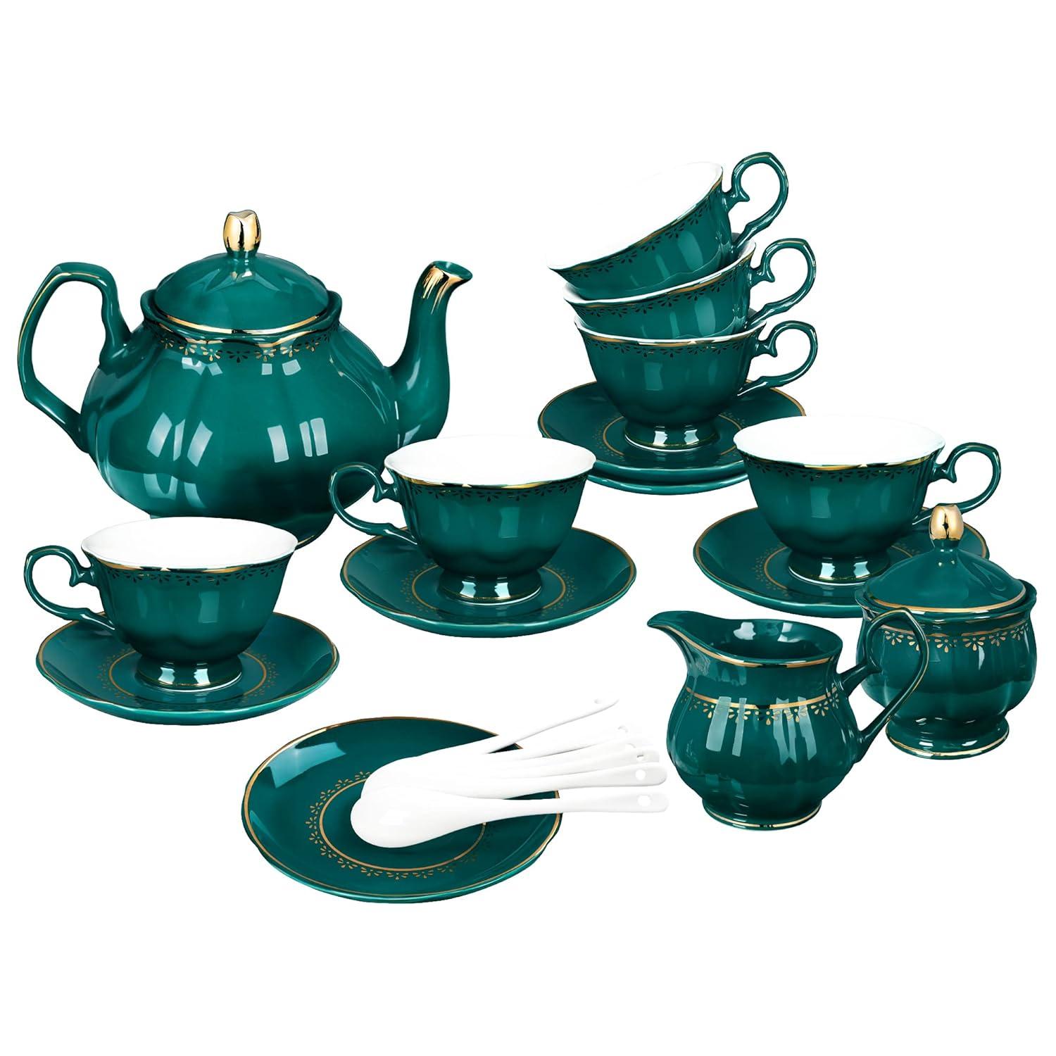 Rosdorf Park Malerba 21 Piece Vintage Porcelain Tea Set, Green With Gold Trim China Coffee Service For 6, Large Teapot, Tea Cup And Saucers Set, Christmas Gifts