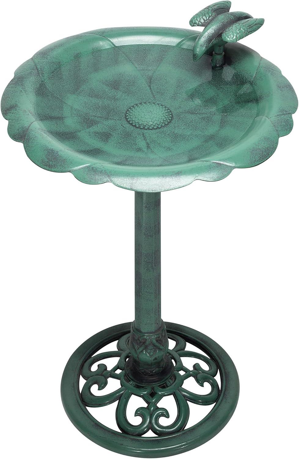 Green Polypropylene 31" Outdoor Bird Bath with Bird Decoration