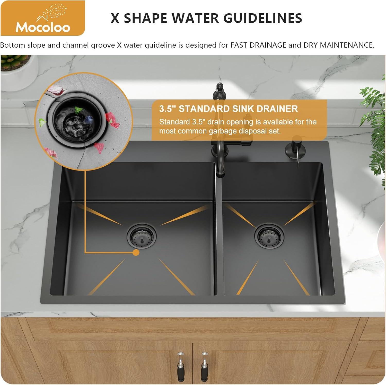 Logmey Stainless Steel Drop In Kitchen Sink 33x22 Inch Topmount Gunmetal Black 60/40 Double Bowl Kitchen Sink