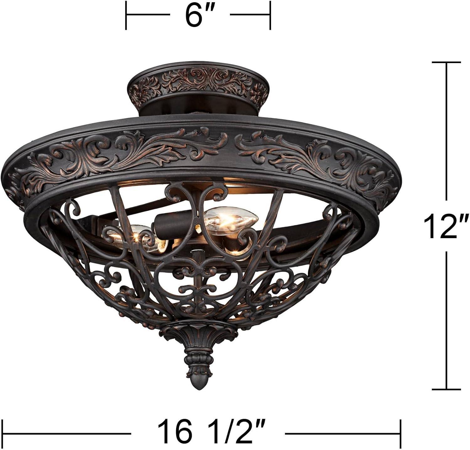 Franklin Iron Works French Scroll Rustic Farmhouse Ceiling Light Semi Flush Mount Fixture 16 1/2" Wide Rubbed Bronze 3-Light for Bedroom Kitchen House