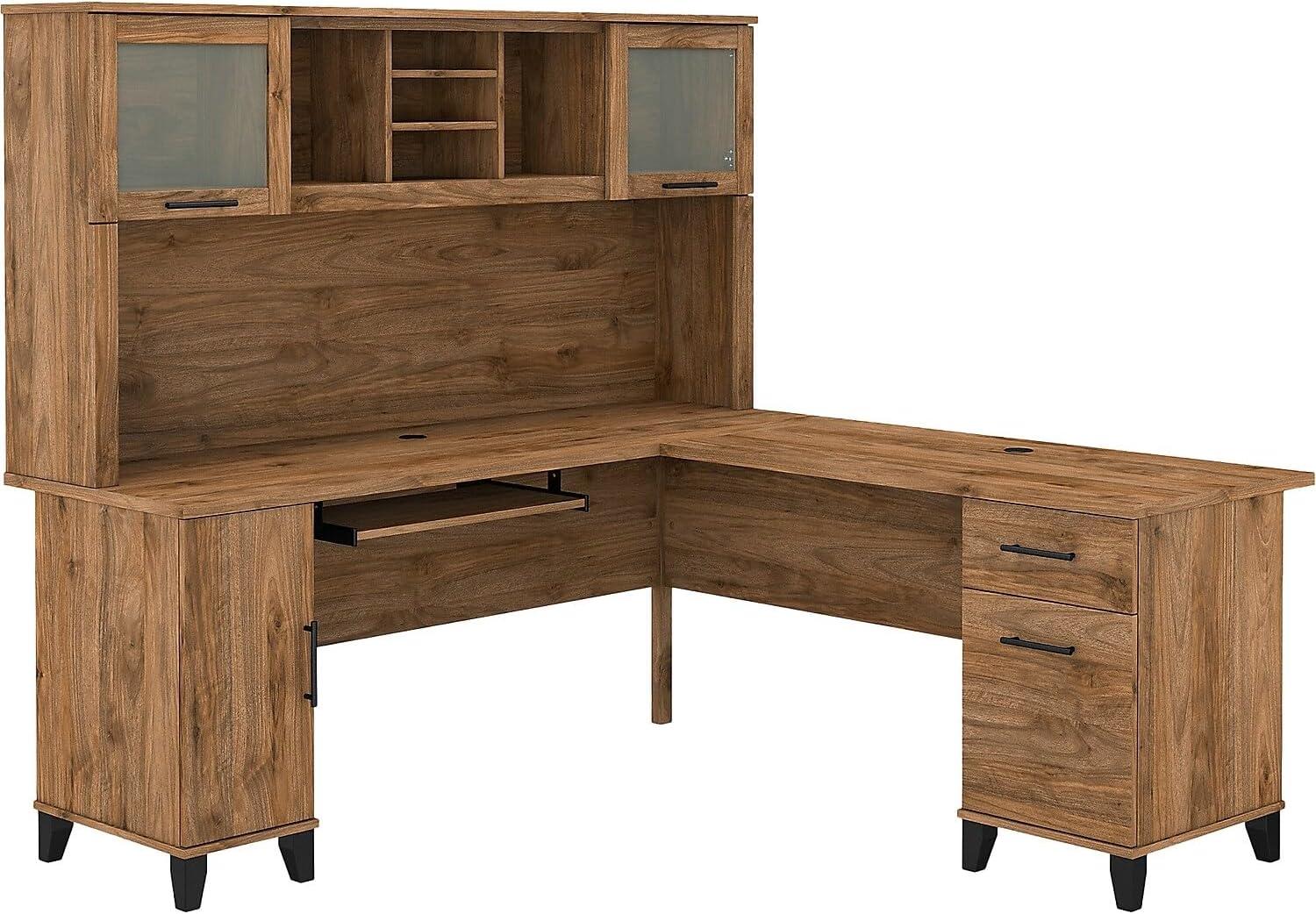 Traditional Fresh Walnut L-Shaped Desk with Hutch and Storage