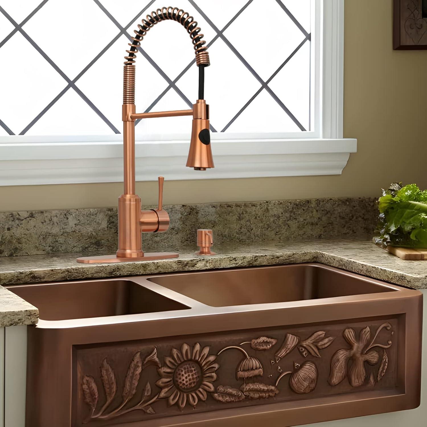 Akicon Pre-Rinse Spring Kitchen Faucet, Single Level with Pull Down Sprayer Copper Copper Finish