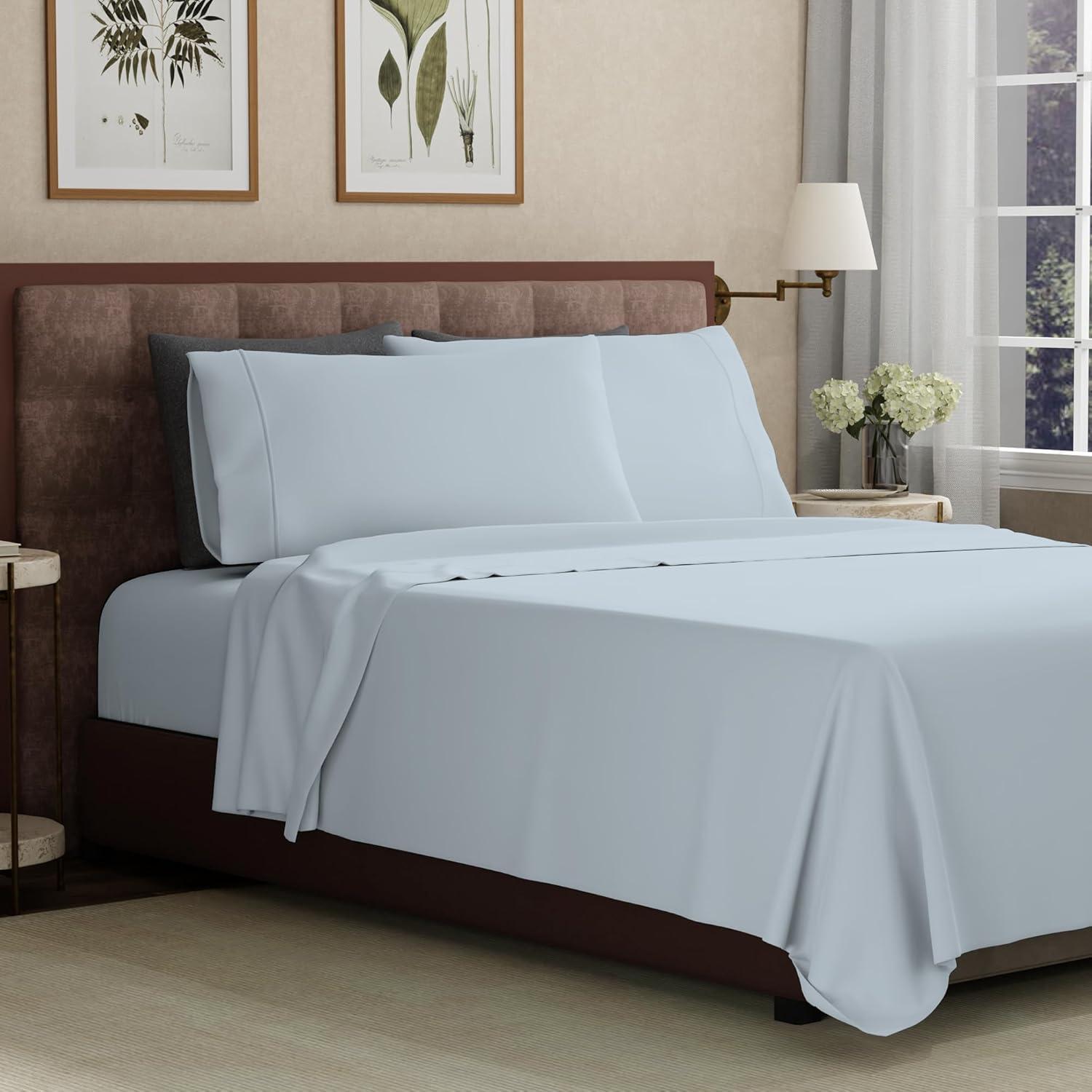 King 400 Thread Count Wrinkle Free Cotton Sheet Set Light Blue - Purity Home: Sateen Weave, OEKO-TEX Certified, Deep Pocket