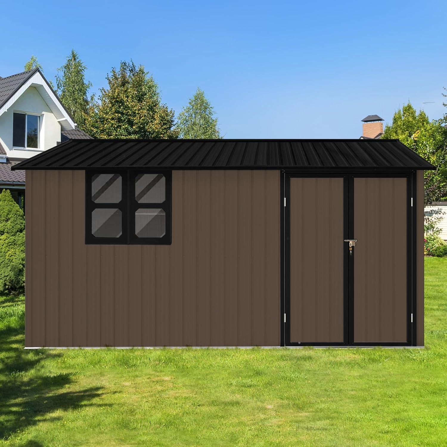 10x12 FT Outdoor Storage Shed, Metal Aluminum Waterproof Tool Shed with Window and Foldable Door, Heavy-Duty Sheds for Storing Bicycles, Lawnmowers, Barbeques