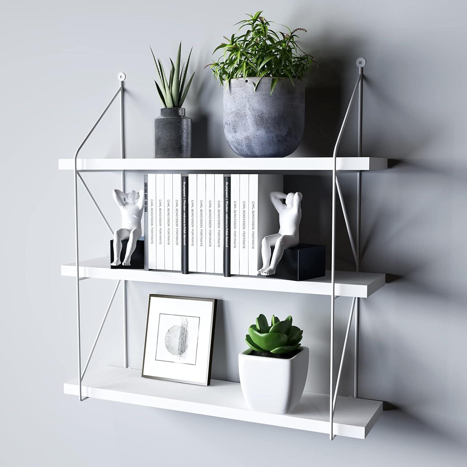 White MDF 3-Tier Floating Wall Shelf with Metal Support