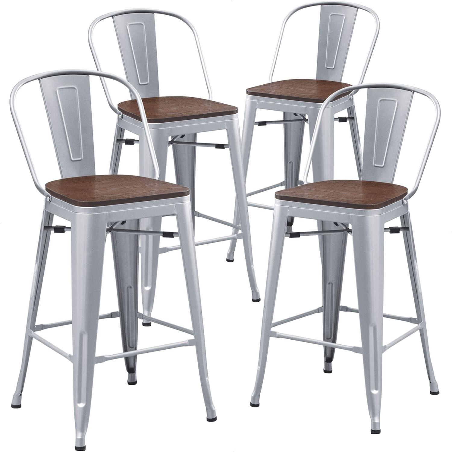 Silver Industrial Metal and Wood Counter Stools, Set of 4