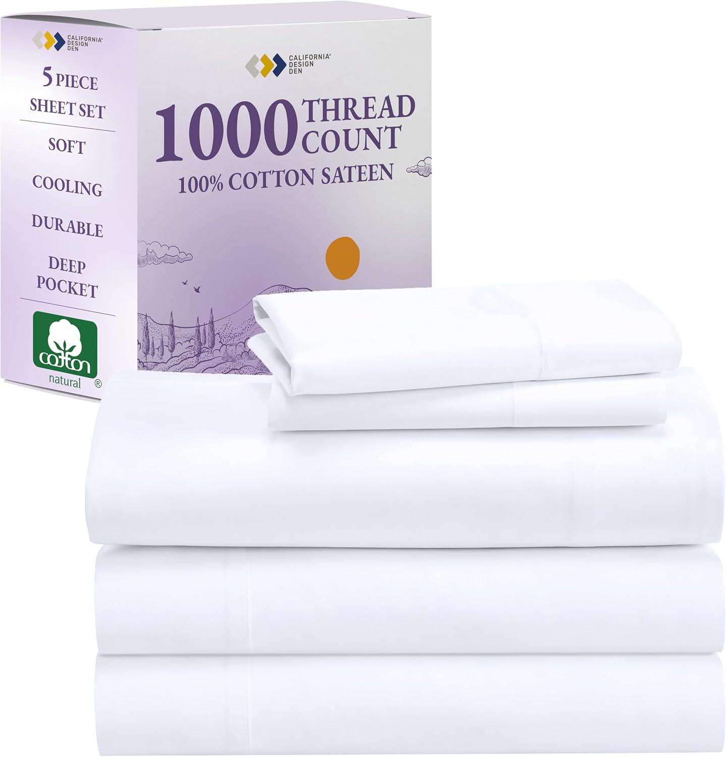 Luxury 1000 Thread Count Bed Sheets Set - 100% Cotton Sateen - Soft, Thick & Deep Pocket by California Design Den - Bright White, Split King