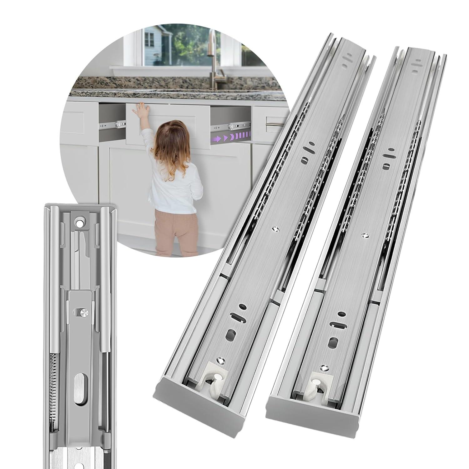 1 Pair Soft Close Stainless Steel Full Extension Drawer Hardware Slides 100 lb Load Capacity Side Mount Ball Bearing Self Close Kitchen Cabinet Rails Dresser Runners(Sliver,14 inch)